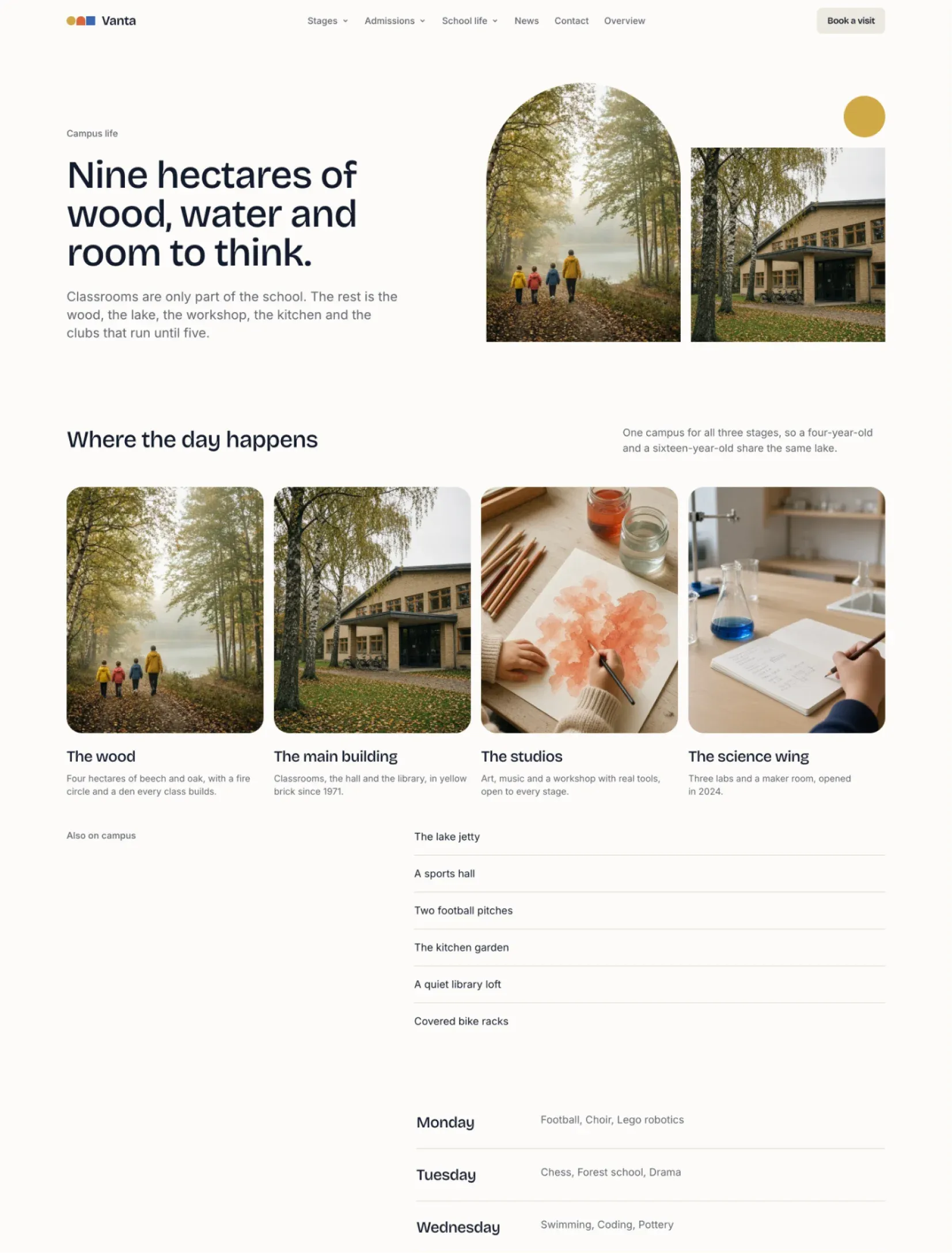 Vanta campus life page with photos of the wood, the main building, the studios and the science wing