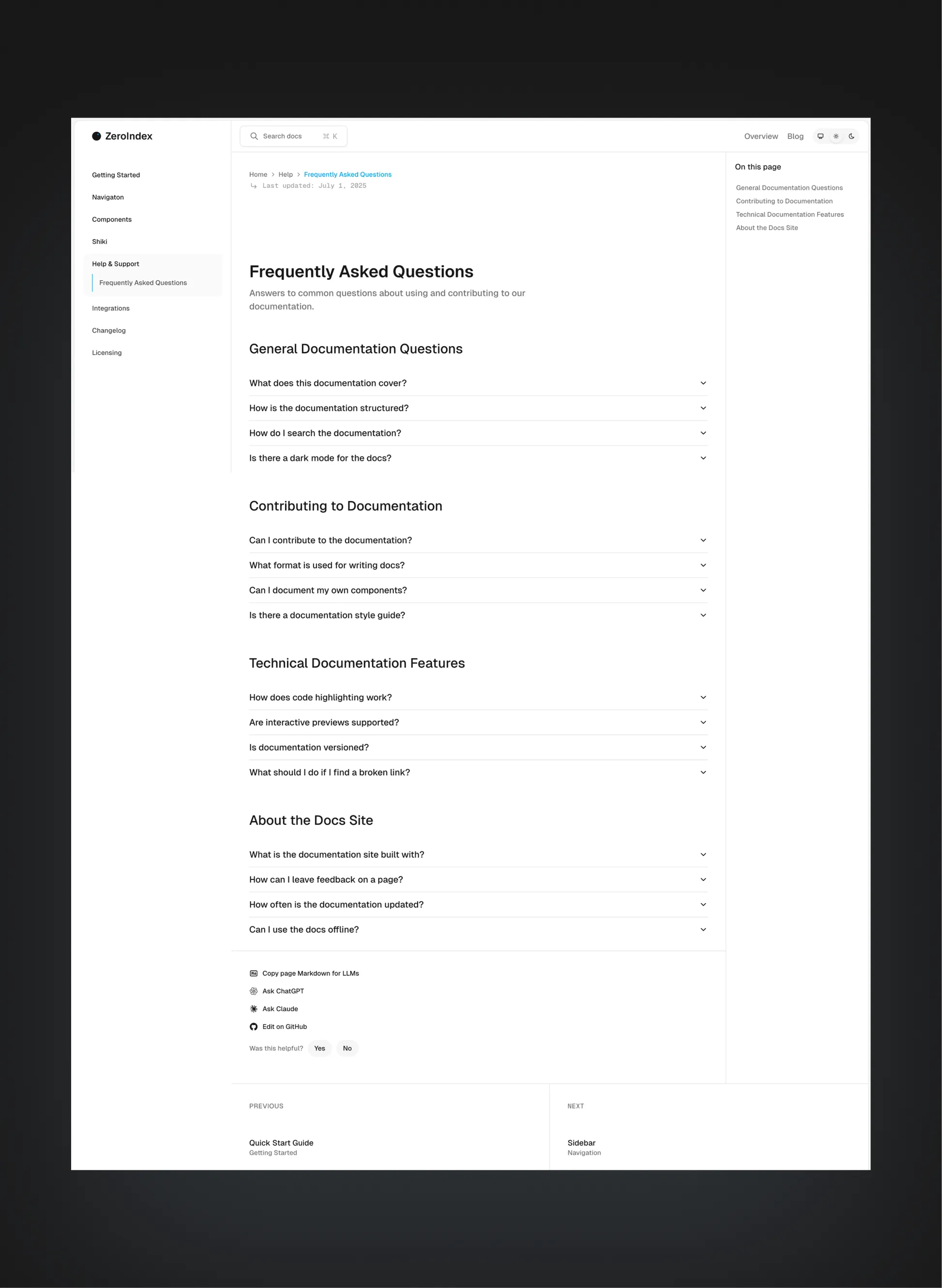 ZeroIndex changelog page