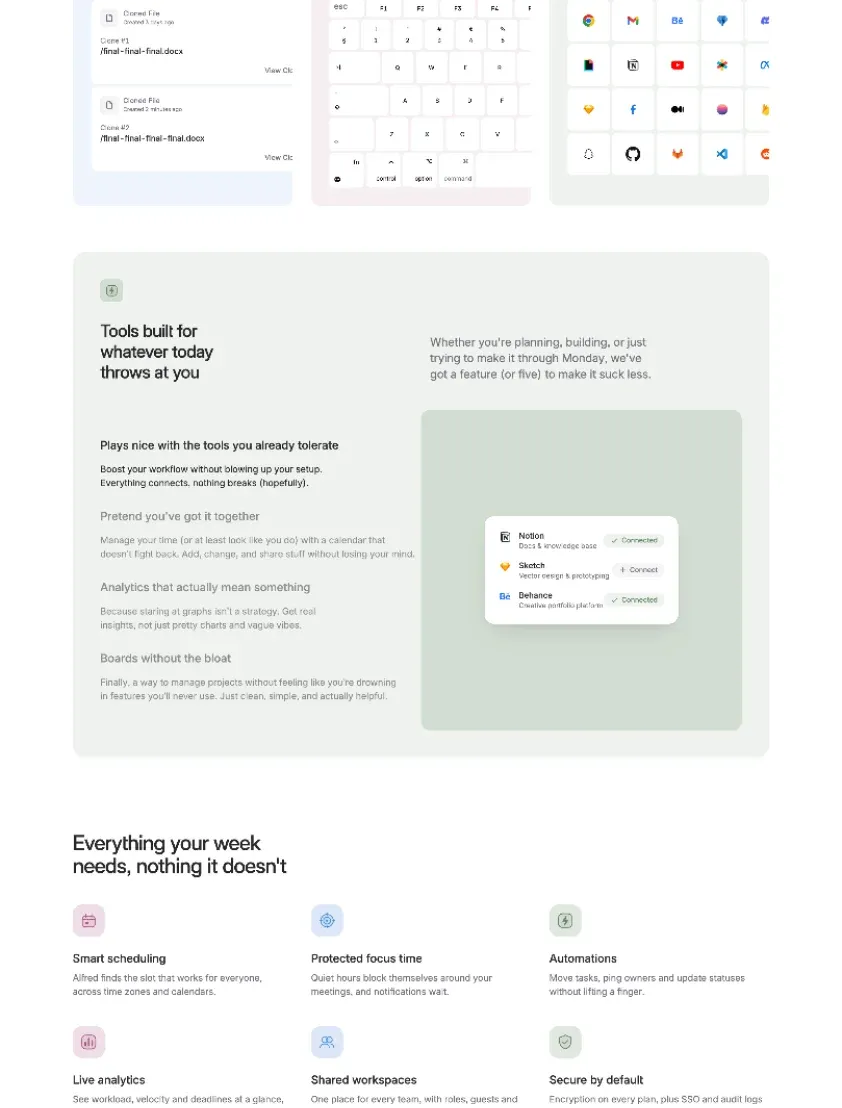 Alfred homepage integrations feature and feature grid