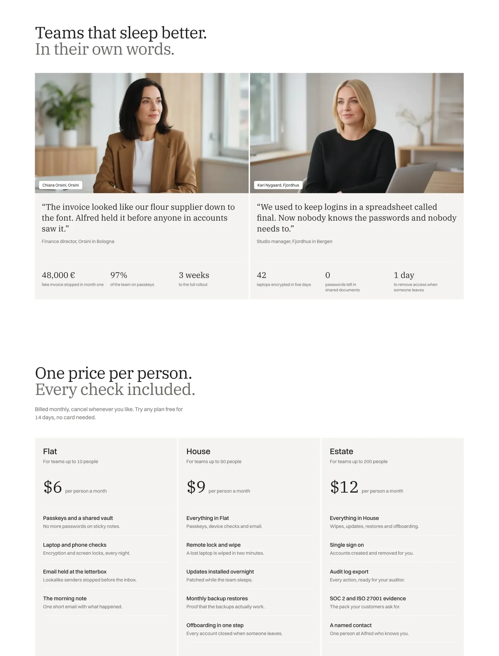 Alfred home testimonials from Orsini and Fjordhus with photos, quotes and results, and three pricing plans, Flat, House and Estate, priced per person