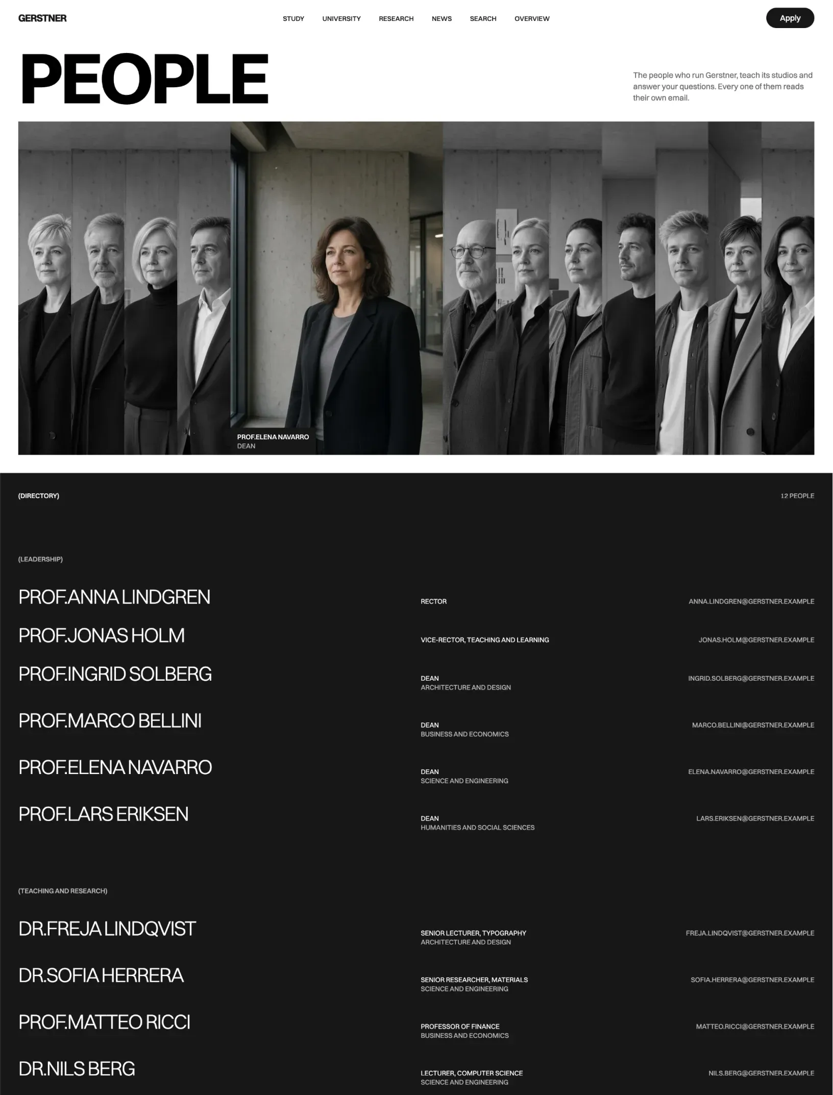 Gerstner people page with a strip of staff portraits and a dark directory of leadership and teaching staff