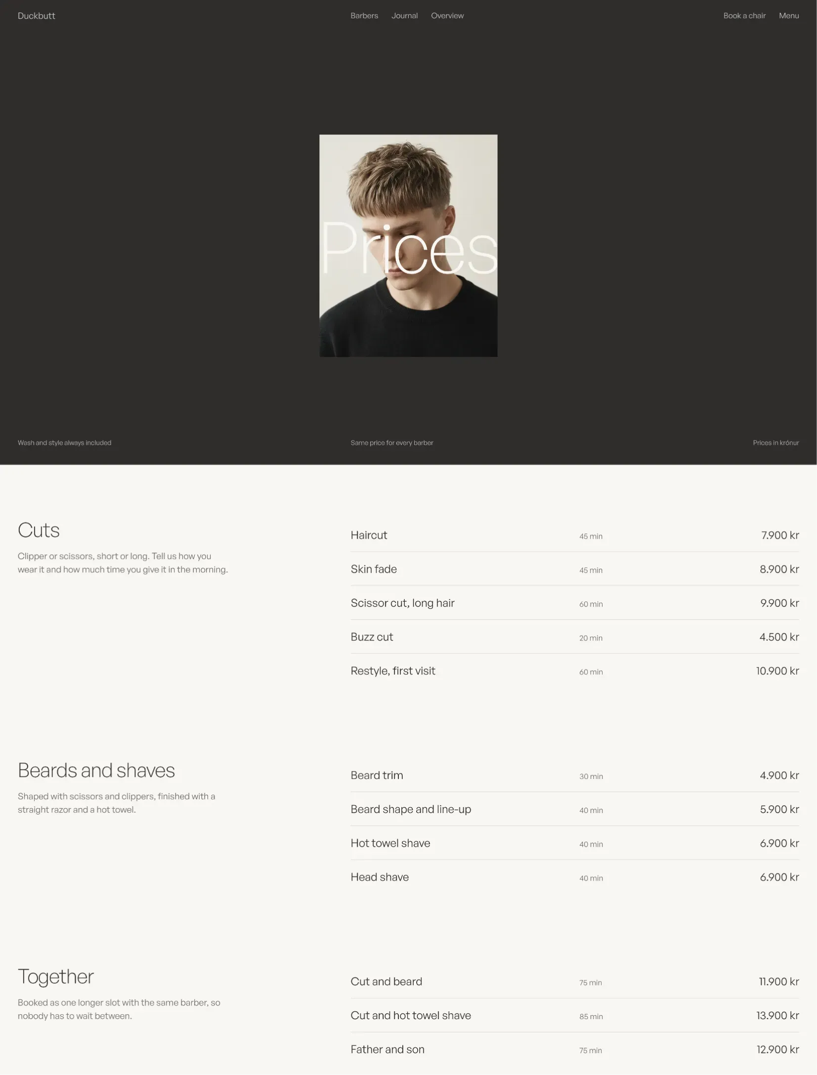 Duckbutt prices page with a dark header and grouped price lists with durations in Icelandic króna