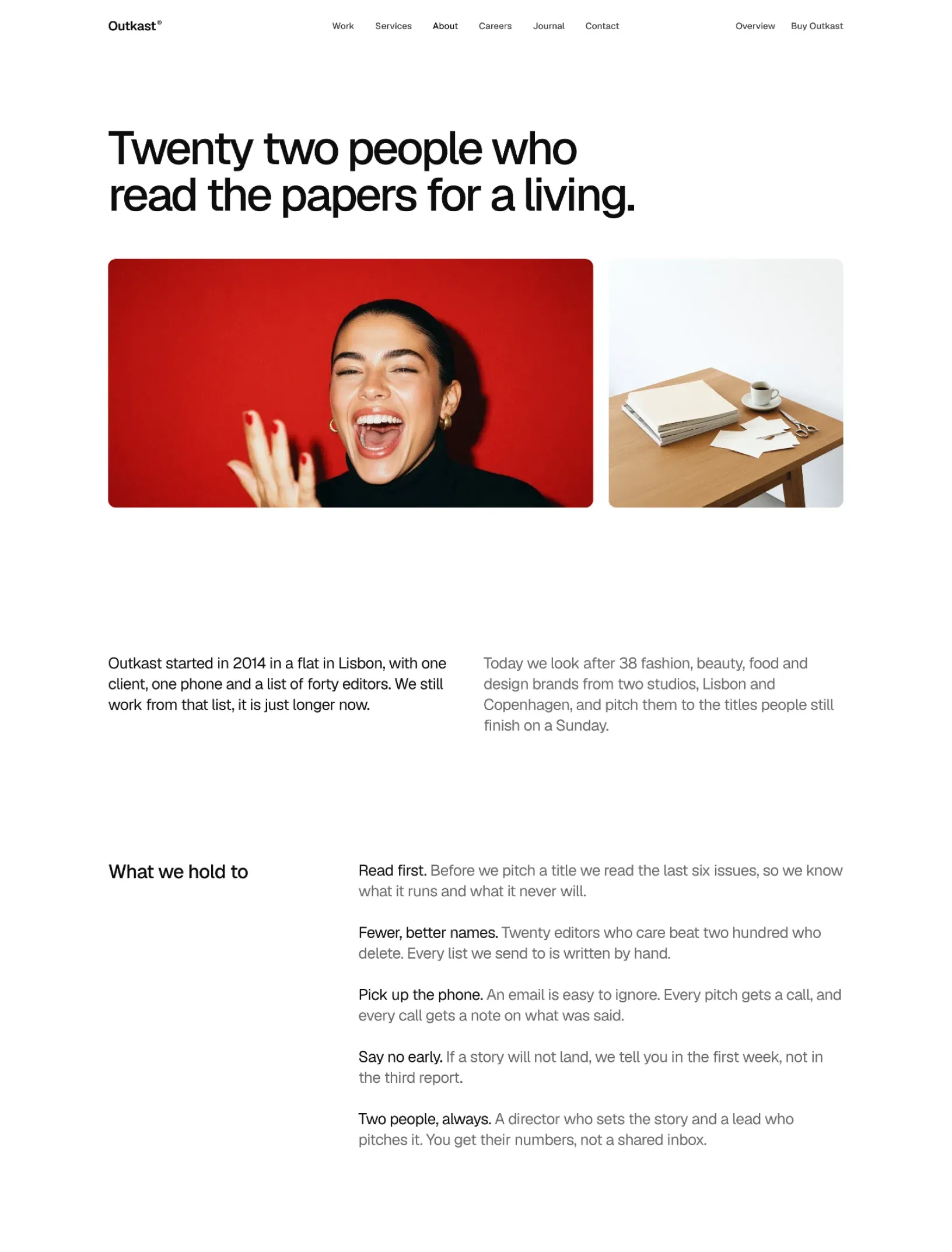 Outkast about page with a Twenty two people who read the papers for a living headline, a laughing portrait on red, the studio story and five principles