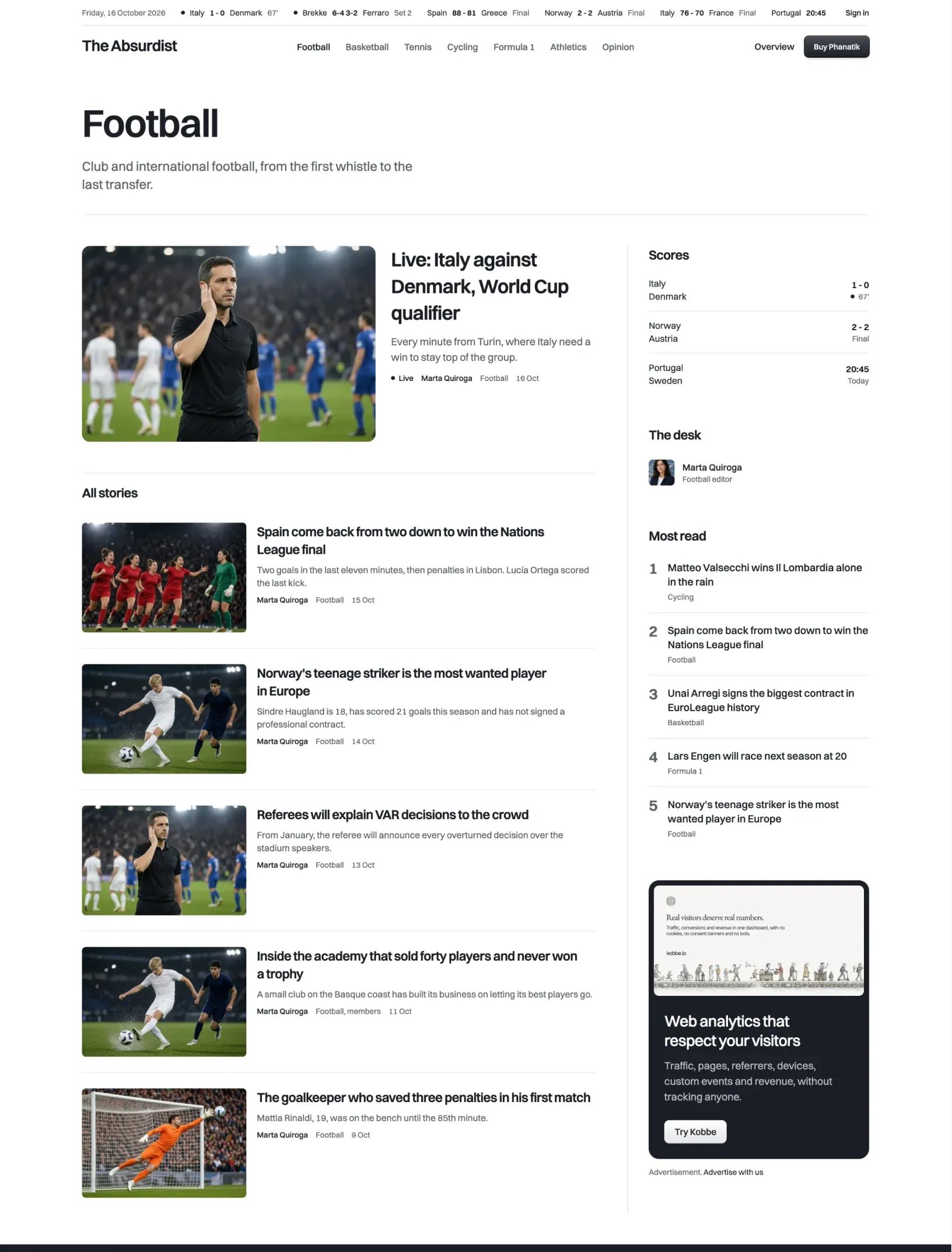 Phanatik football front with a heading and intro, a live lead story, a list of football stories with photos, and a sidebar with scores, the desk, most read and a dark ad card