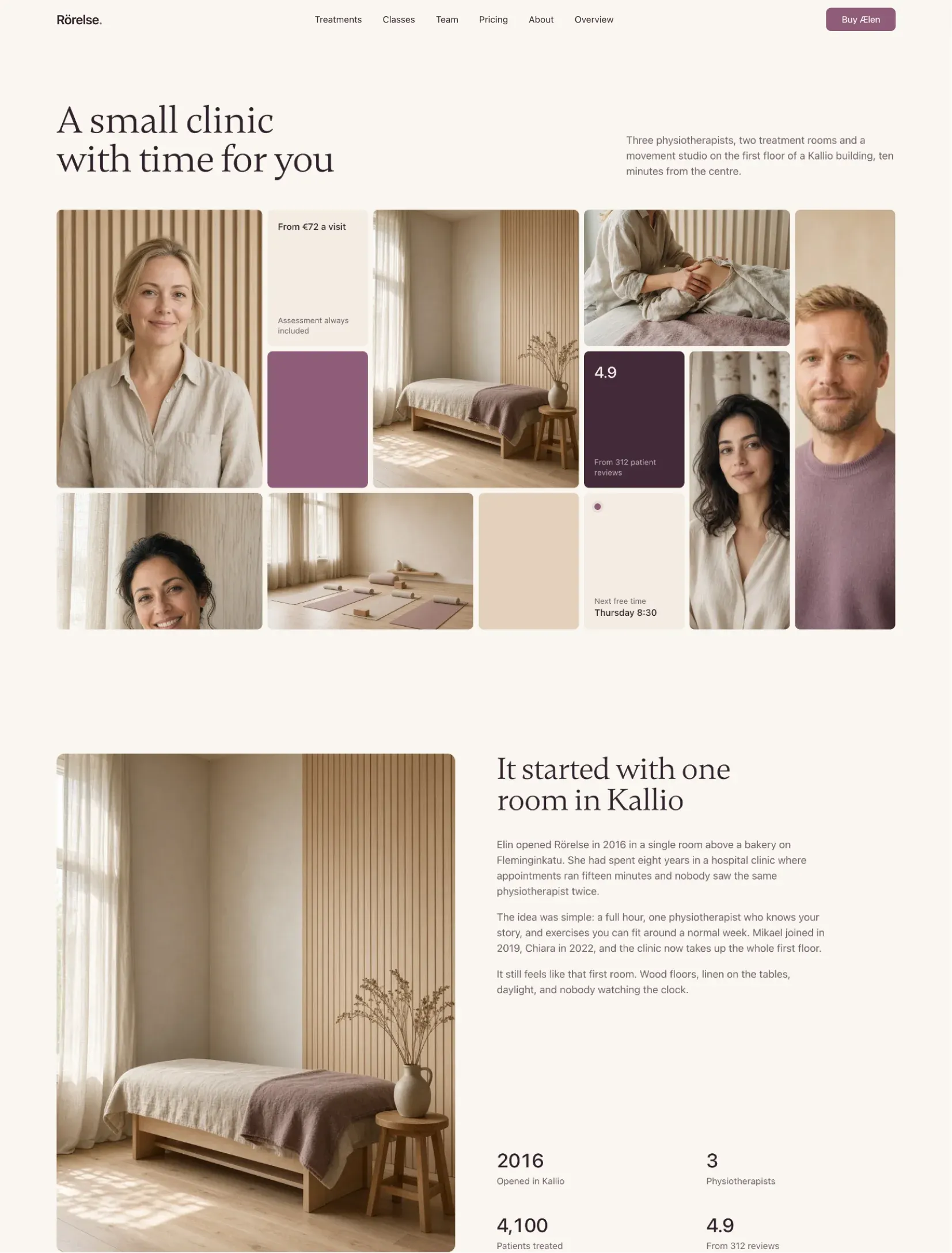 Ælen about page with A small clinic with time for you over a mosaic of portraits, rooms and stats, and the clinic story with years, physiotherapists and reviews