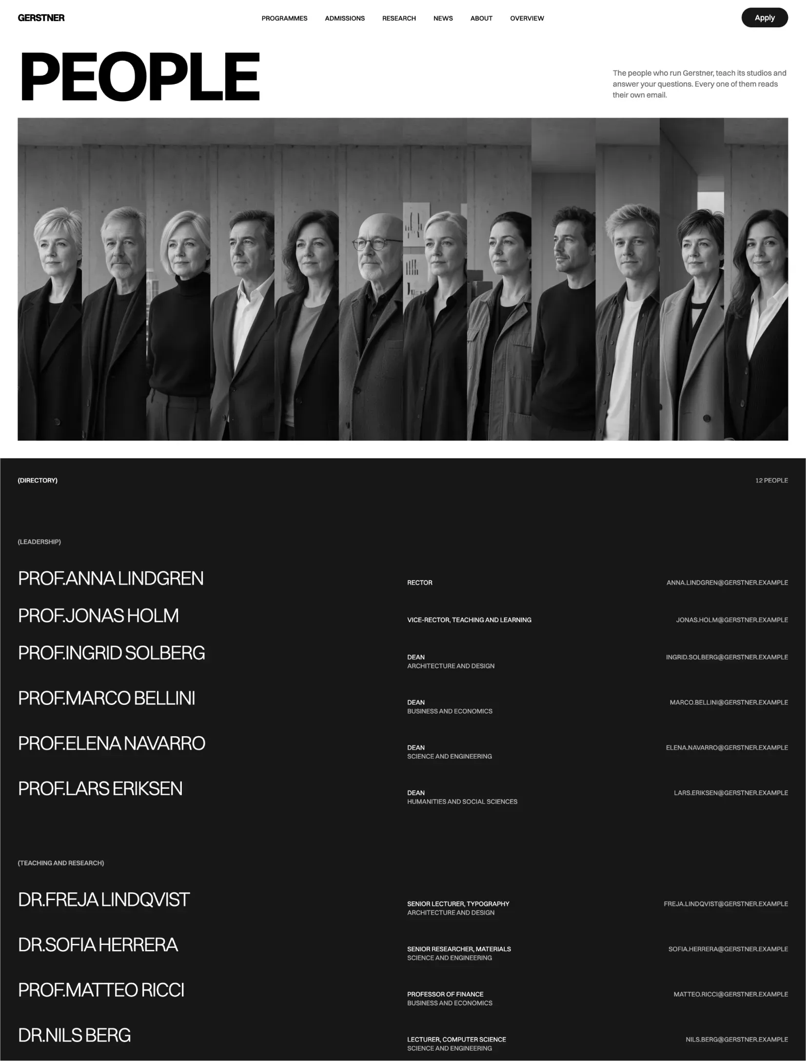 Gerstner people page with a portrait strip and dark staff directory