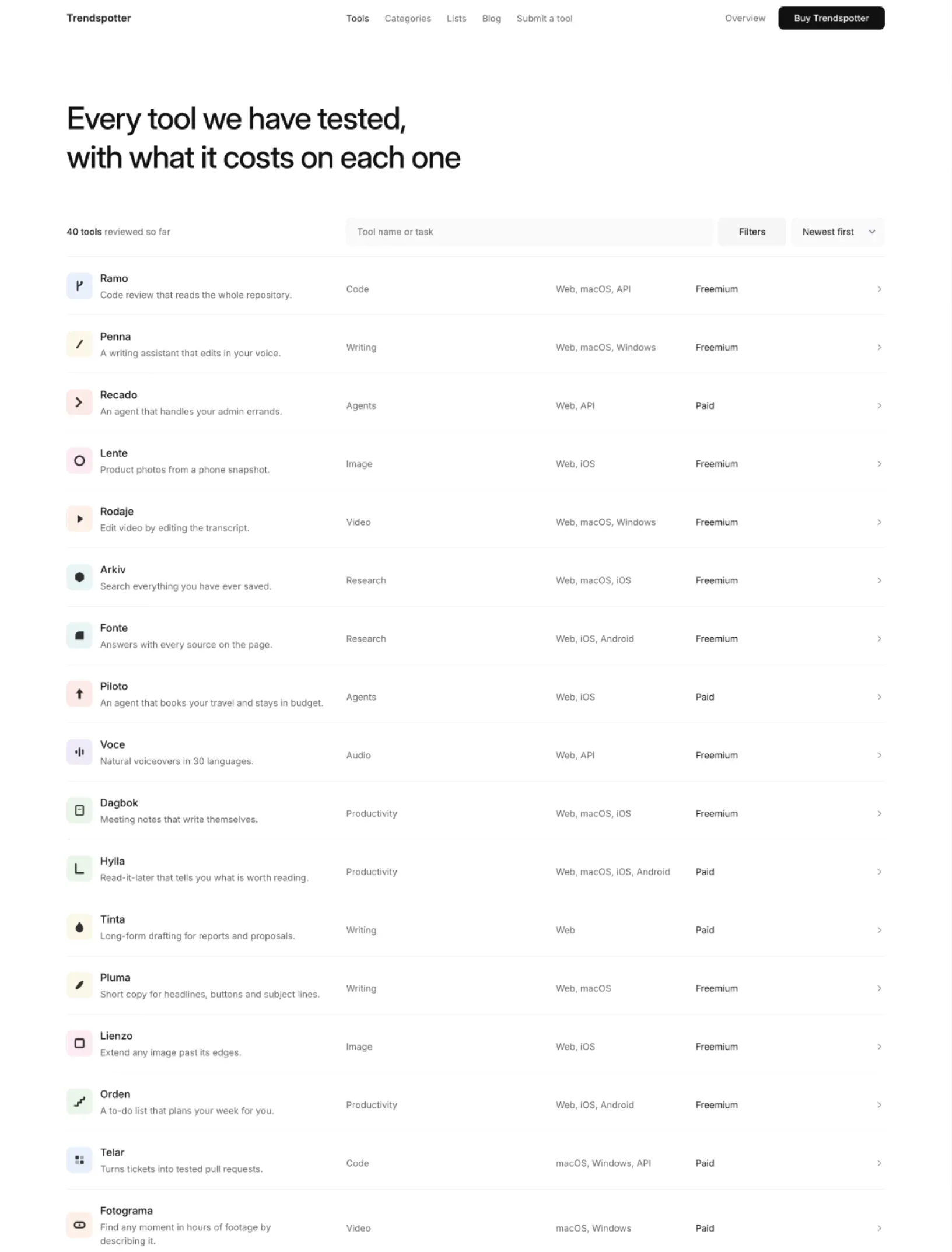 Trendspotter tools directory with 40 reviewed tools, a search, filters and sort, each row with its logo, category, platforms and pricing model