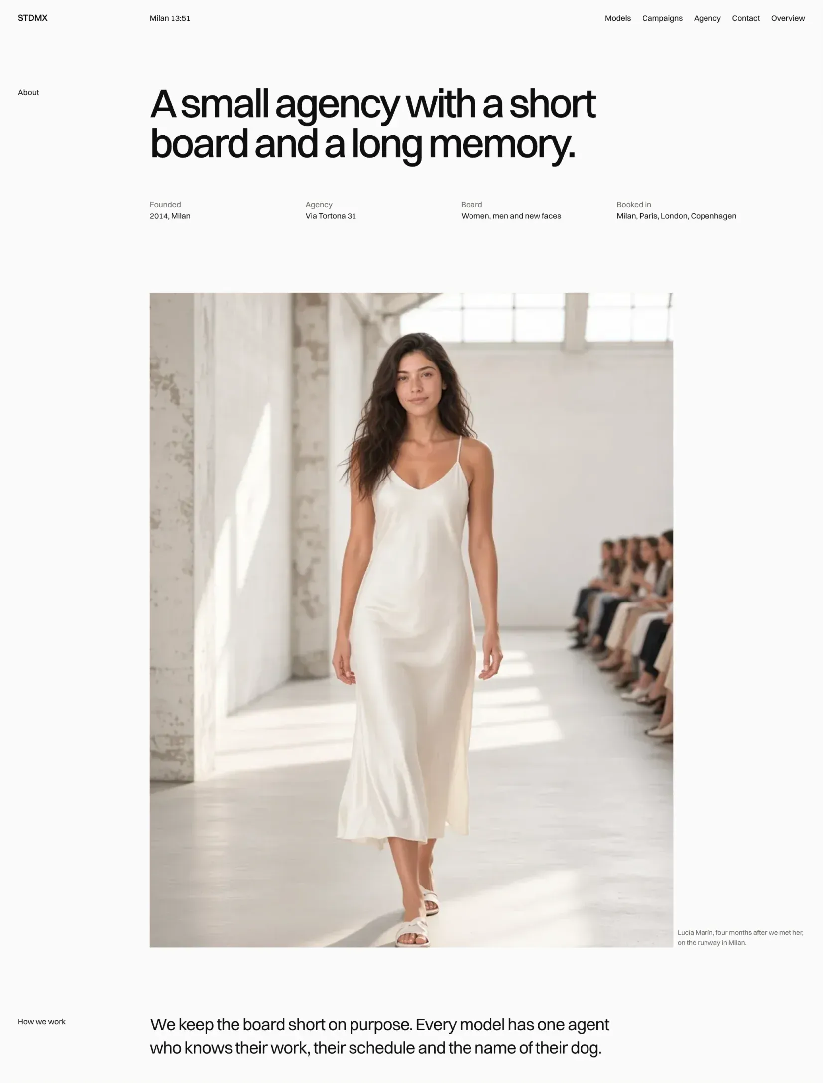 Studiomax about page with the headline a small agency with a short board and a long memory, the agency facts and Lucía Marín on the runway in Milan
