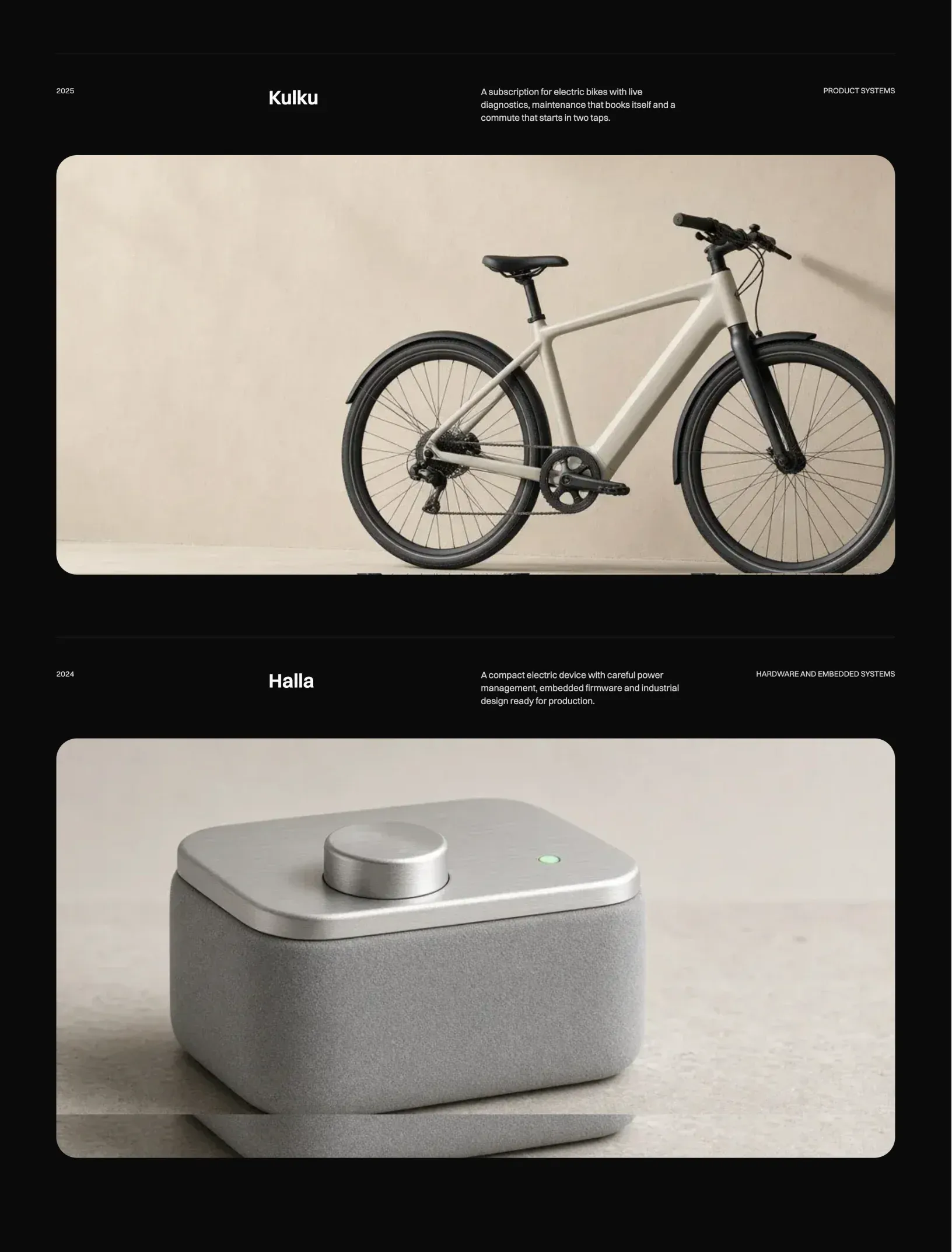 Prima Persona work in dark mode with Kulku and an off-white electric bike, and Halla with a compact grey device