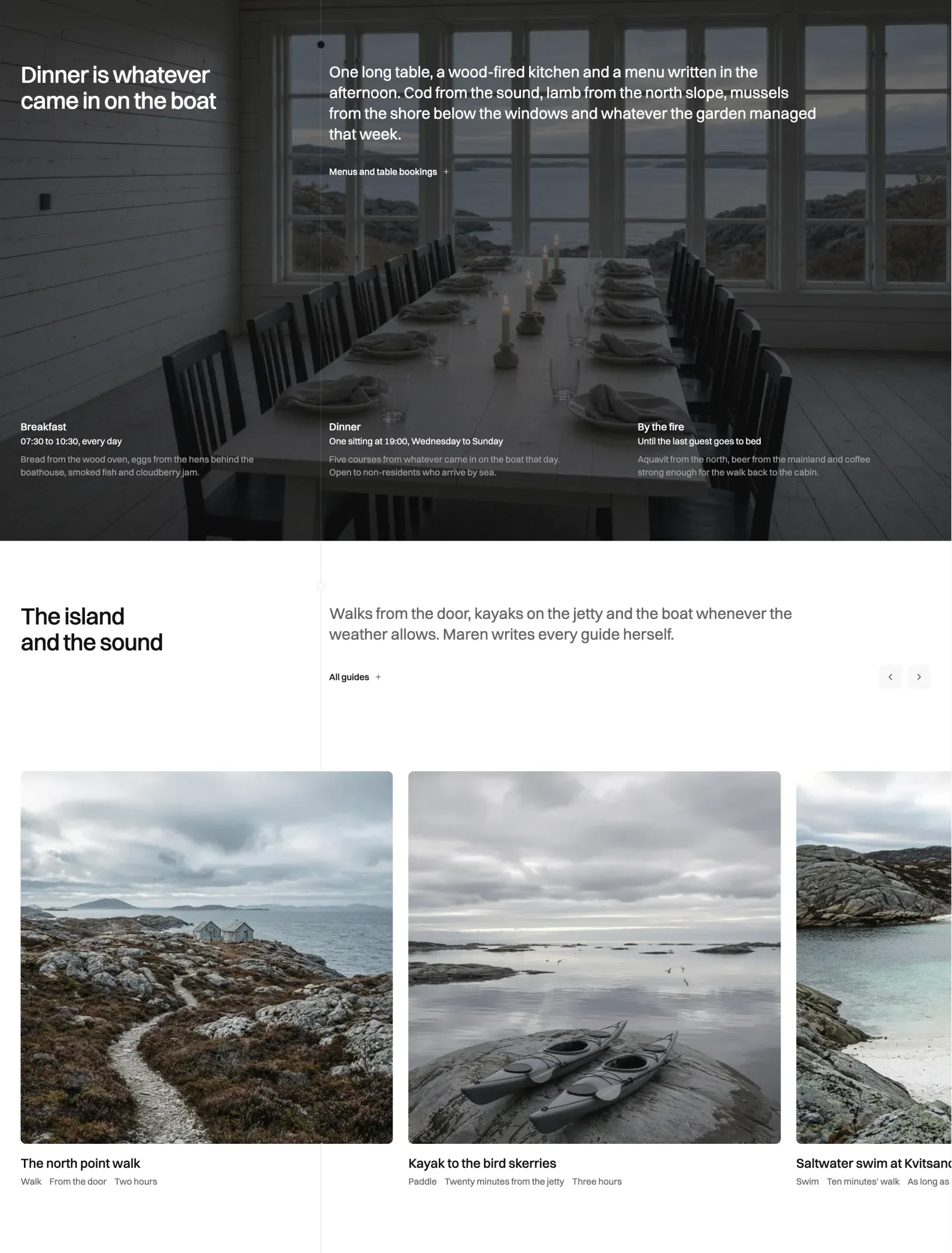 Author home page restaurant band over the long dinner table by the windows, with breakfast, dinner and fireside hours, above a sideways scroll of island walks