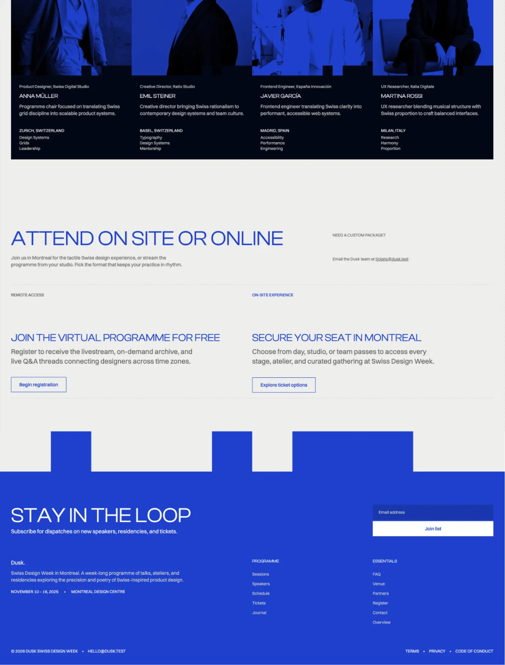 Dusk attend on site or online section, the virtual programme and Montreal seats side by side, and the newsletter footer