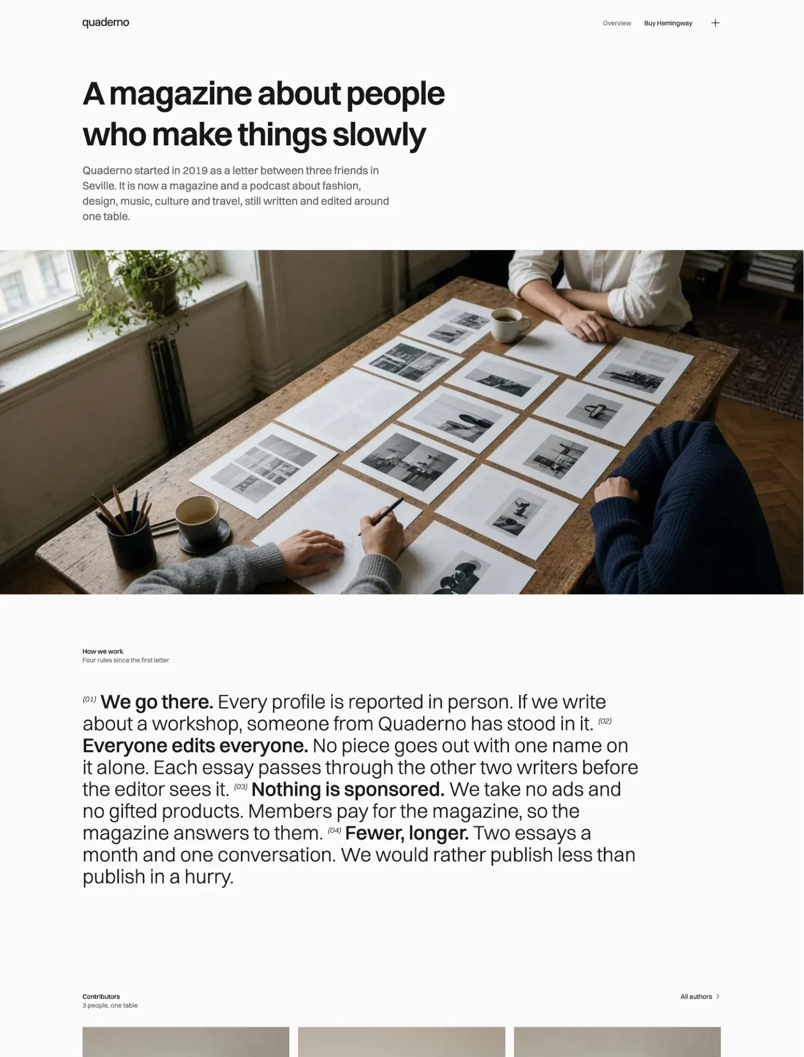 Hemingway about page with a semibold heading and intro, a full bleed photograph of the editors' table and how the magazine works as one paragraph