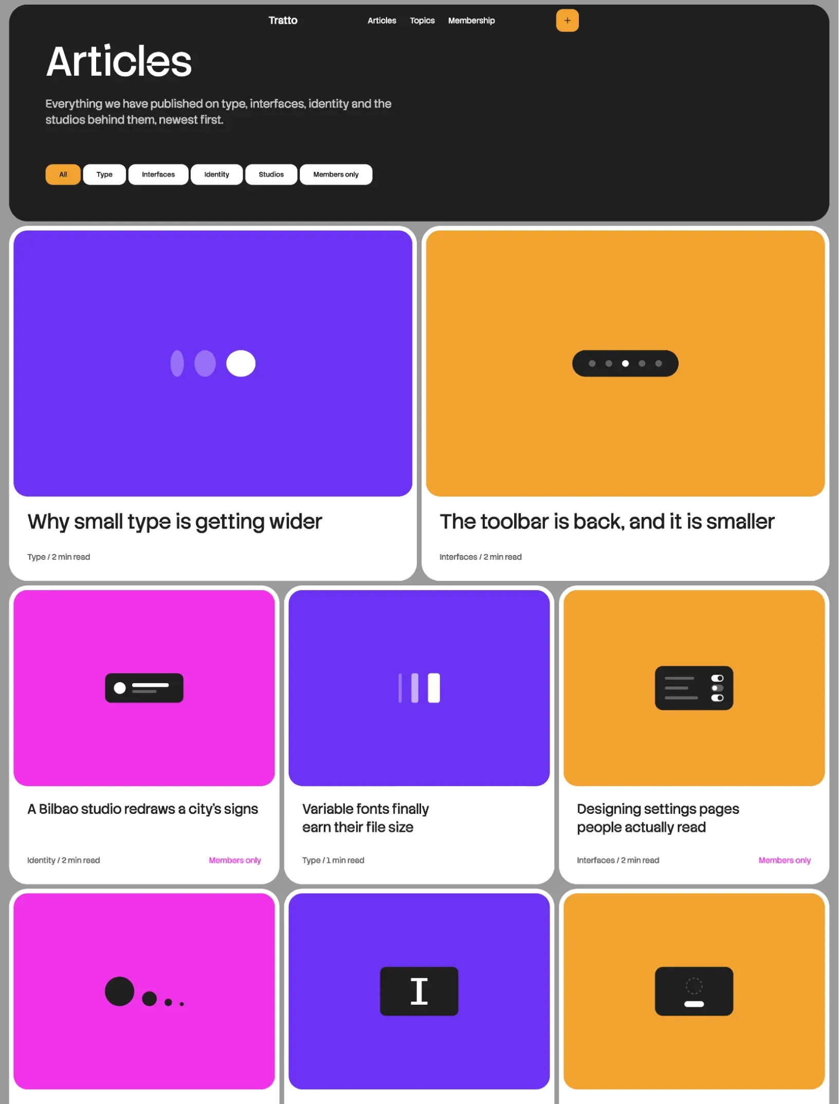 Snowpeak articles index with topic filter pills and a grid of article cards with drawn covers