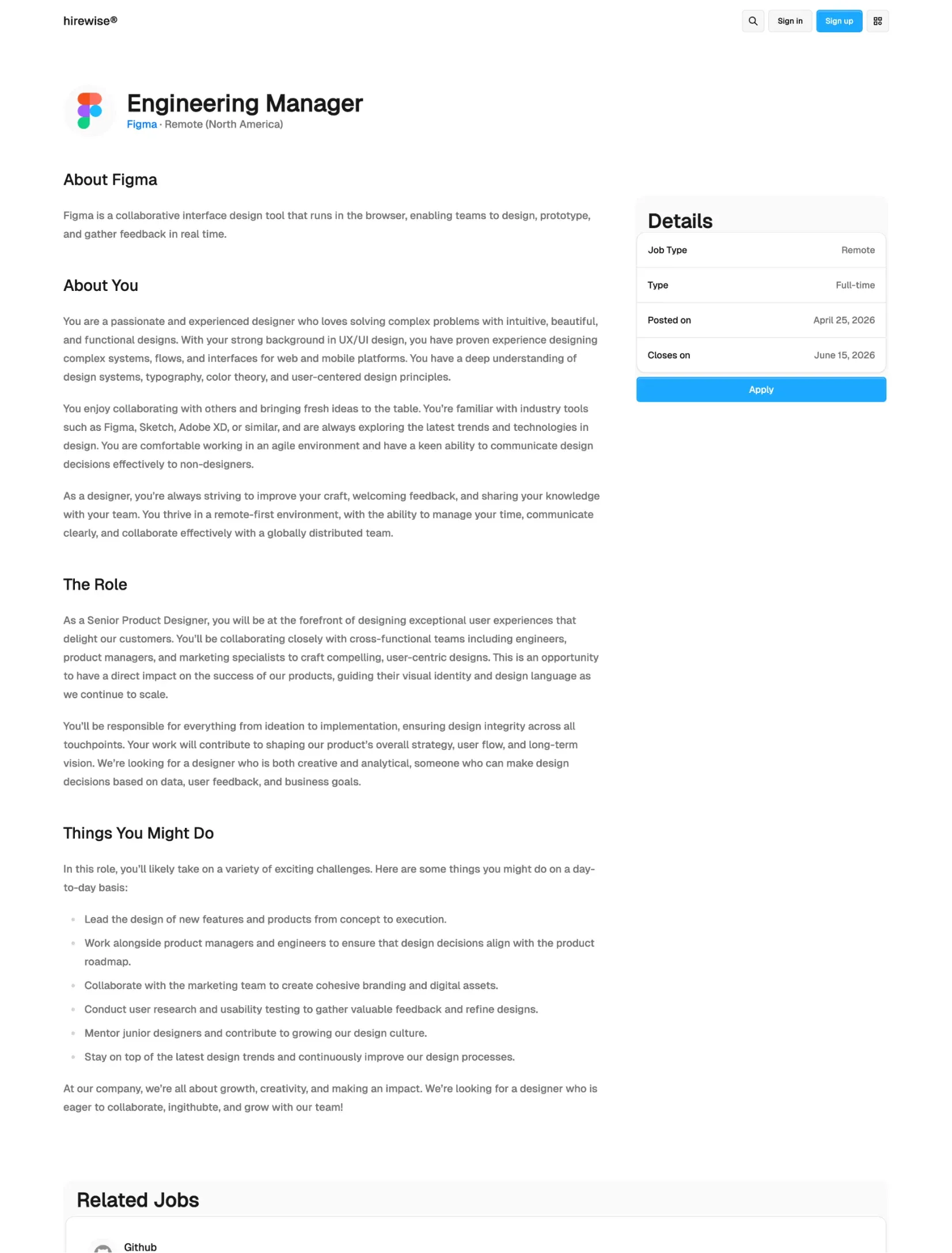 Hirewise job details layout