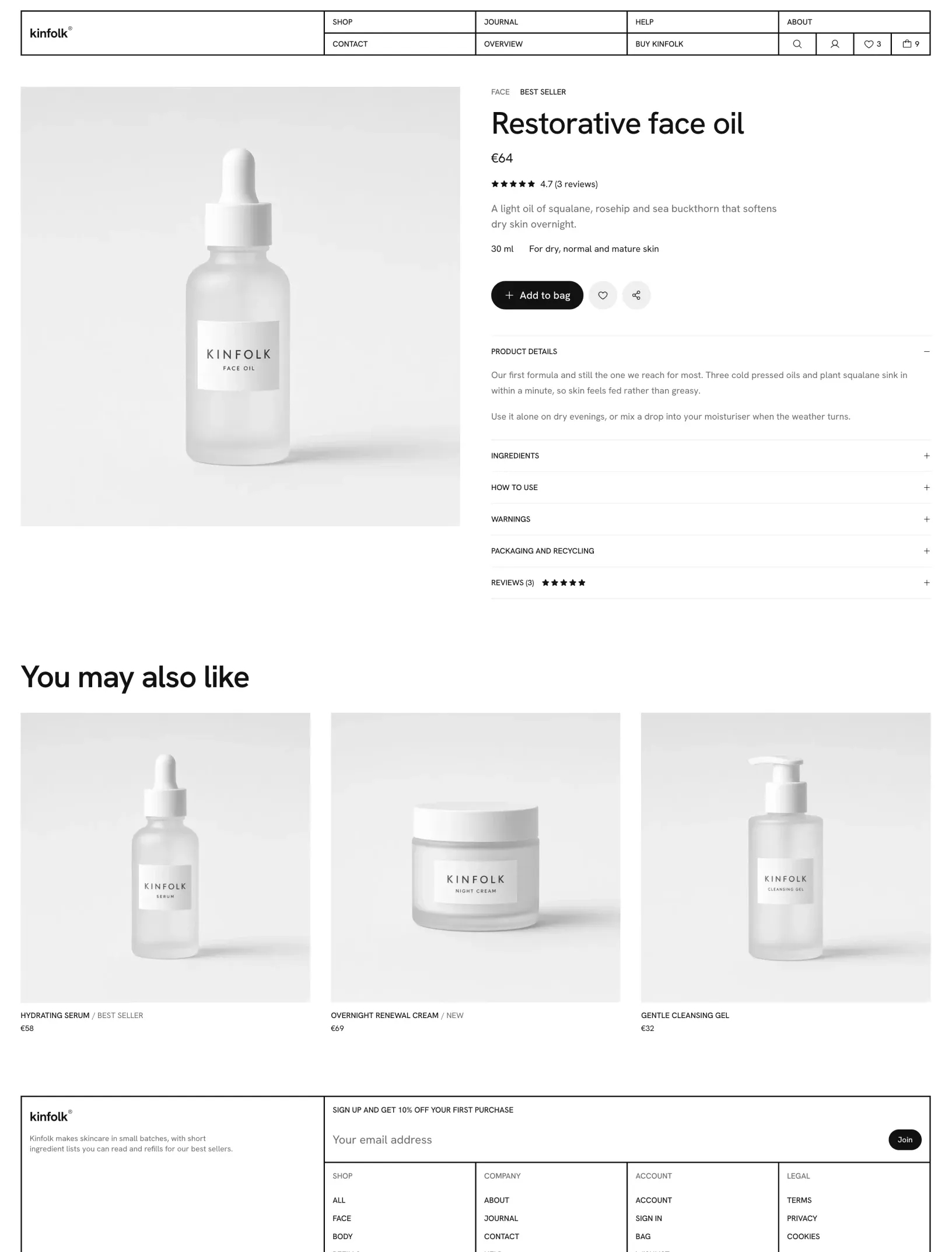 Kinfolk product page for the restorative face oil with its packshot, rating, skin types, Add to bag, details, ingredients and reviews panels, then You may also like