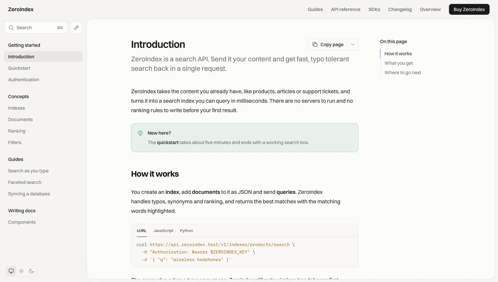 ZeroIndex Introduction guide with the Copy page menu, a tip callout, a cURL, JavaScript and Python code group and the On this page table of contents