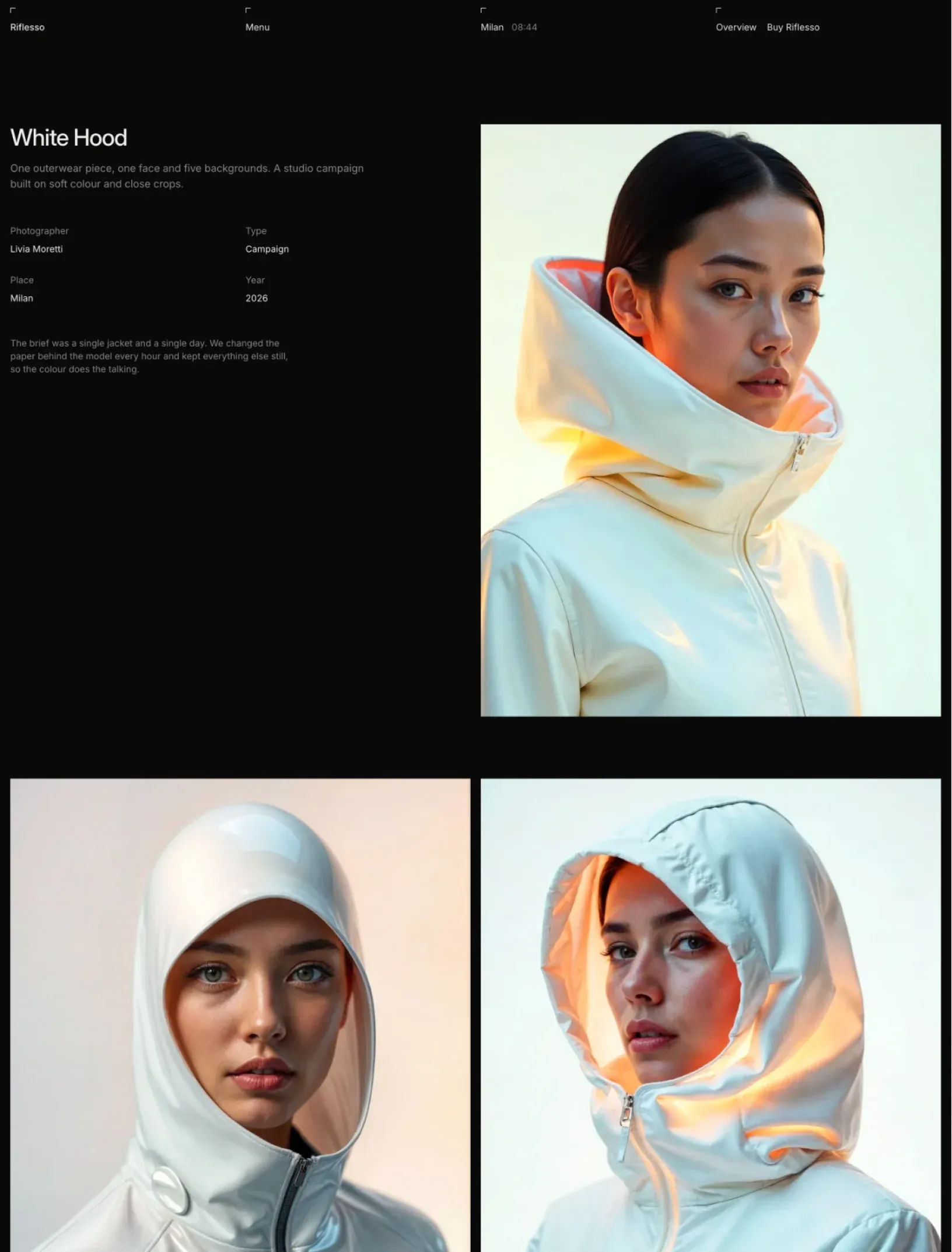 Riflesso series page for White Hood with the summary, photographer, type, place and year beside a large portrait, then two more portraits side by side