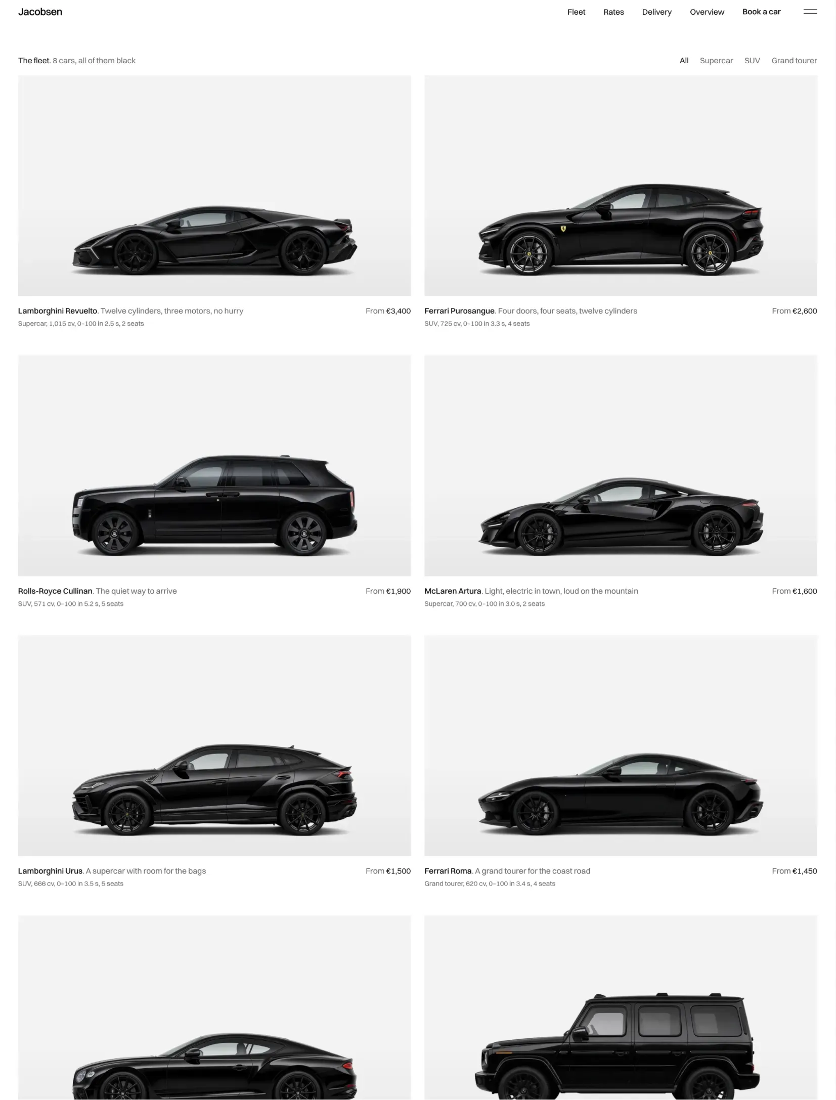 Jacobsen fleet page with every car in its own small studio, filterable by type