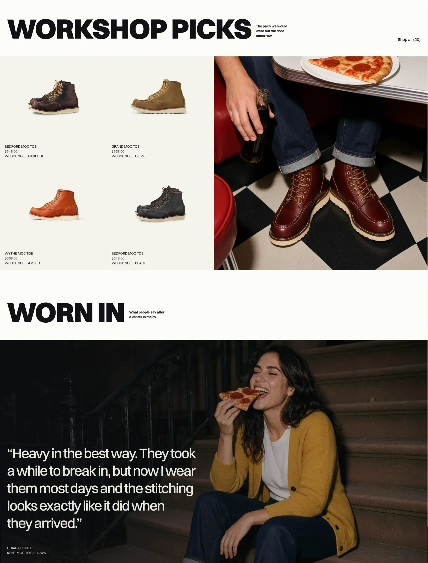 Williamsburg home with Workshop picks, four product tiles beside oxblood boots under a diner table, and Worn in with a quote over a flash photo of a woman eating pizza on a stoop
