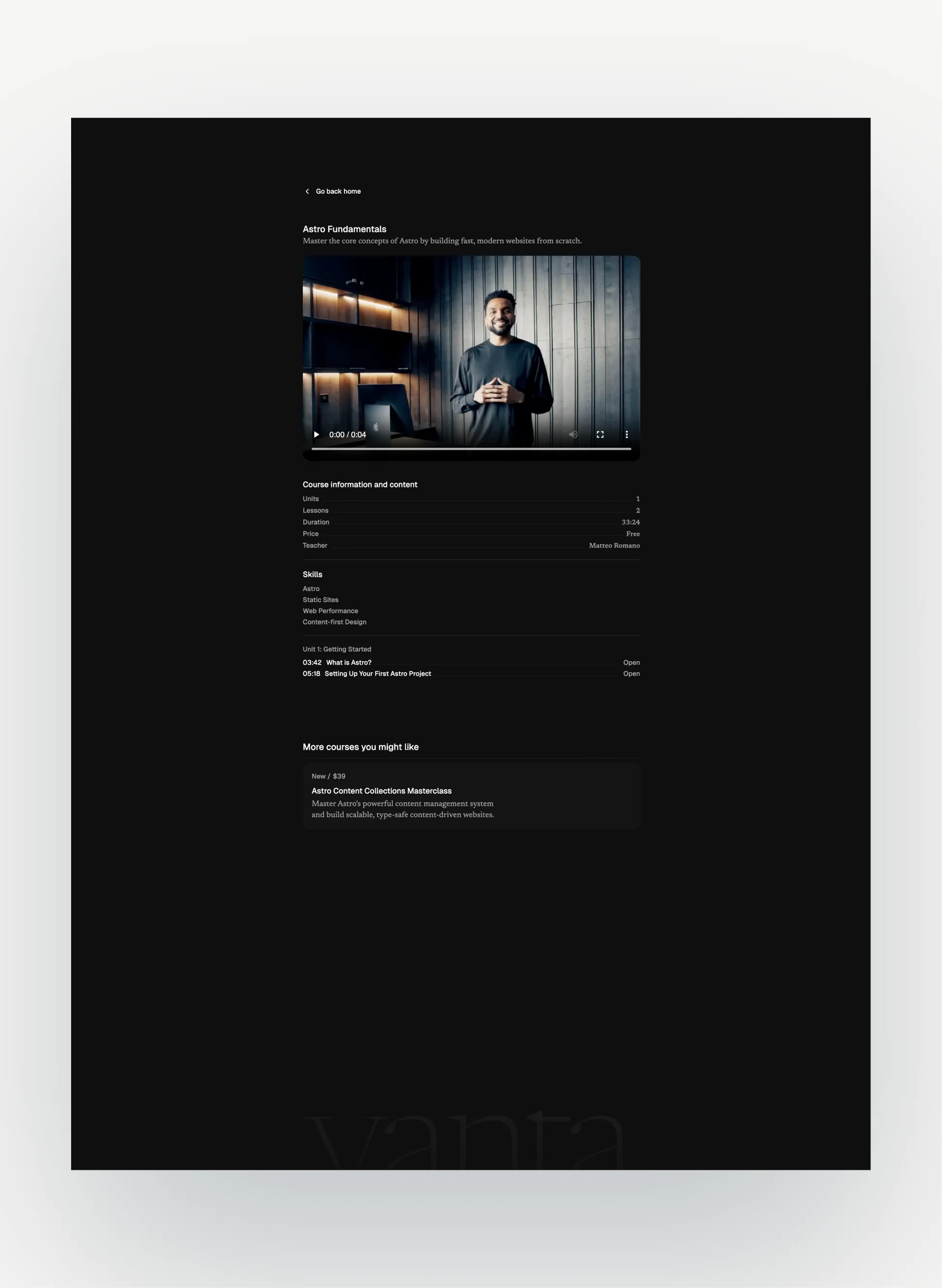 Vanta lesson details page