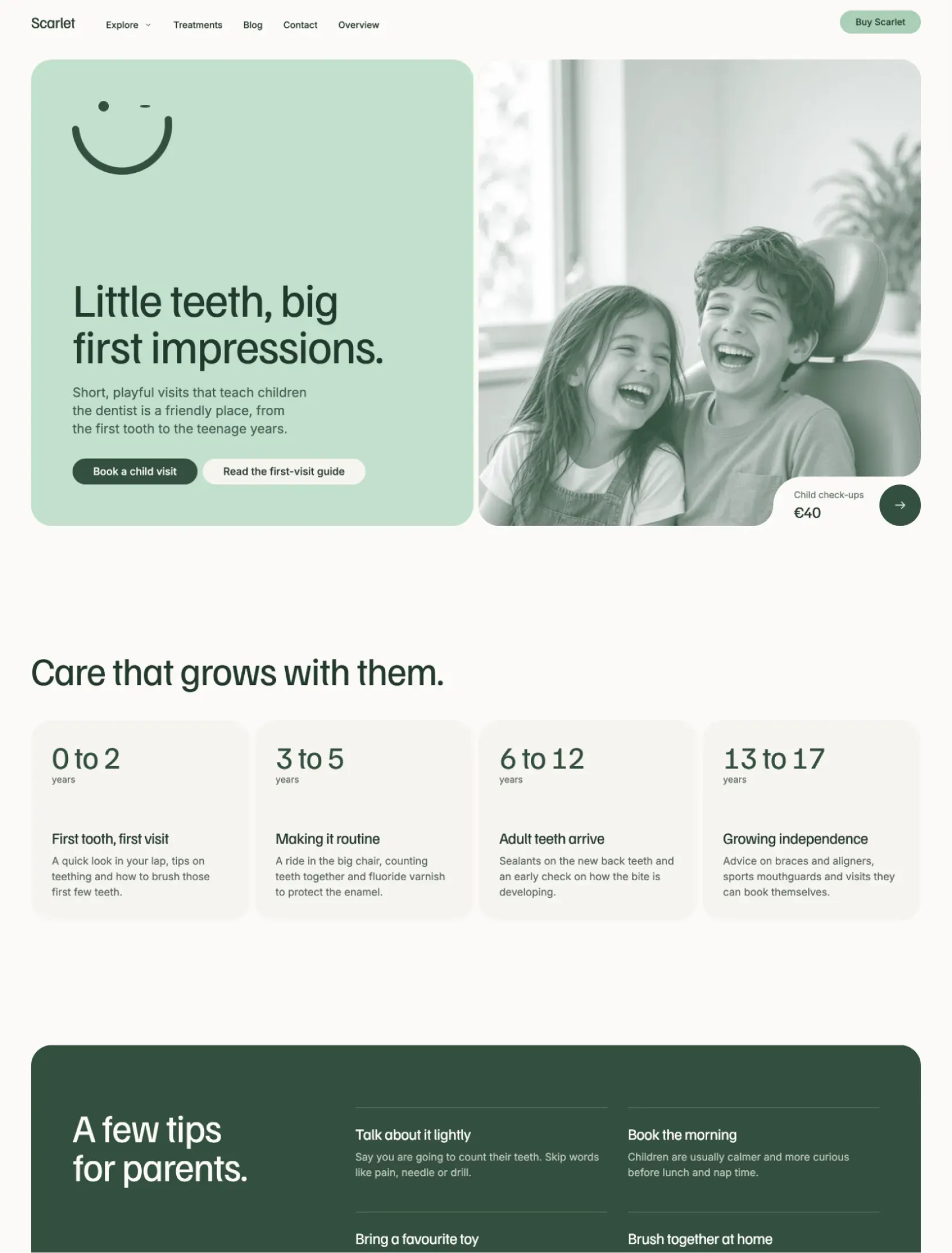 Scarlet children's dentistry page with age stages and tips for parents