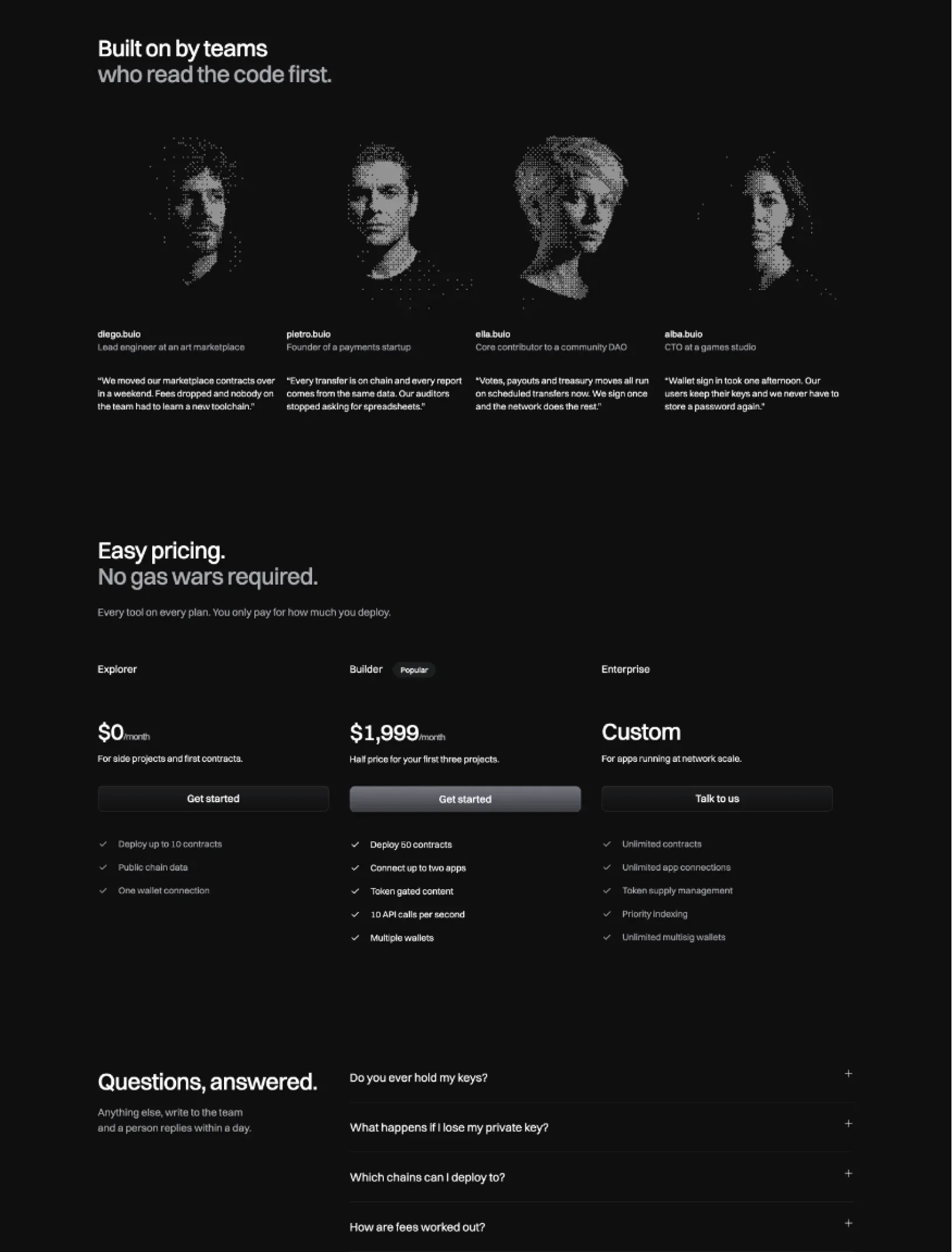Buio home testimonials with four dithered portraits, three pricing plans from free to custom, and the FAQ