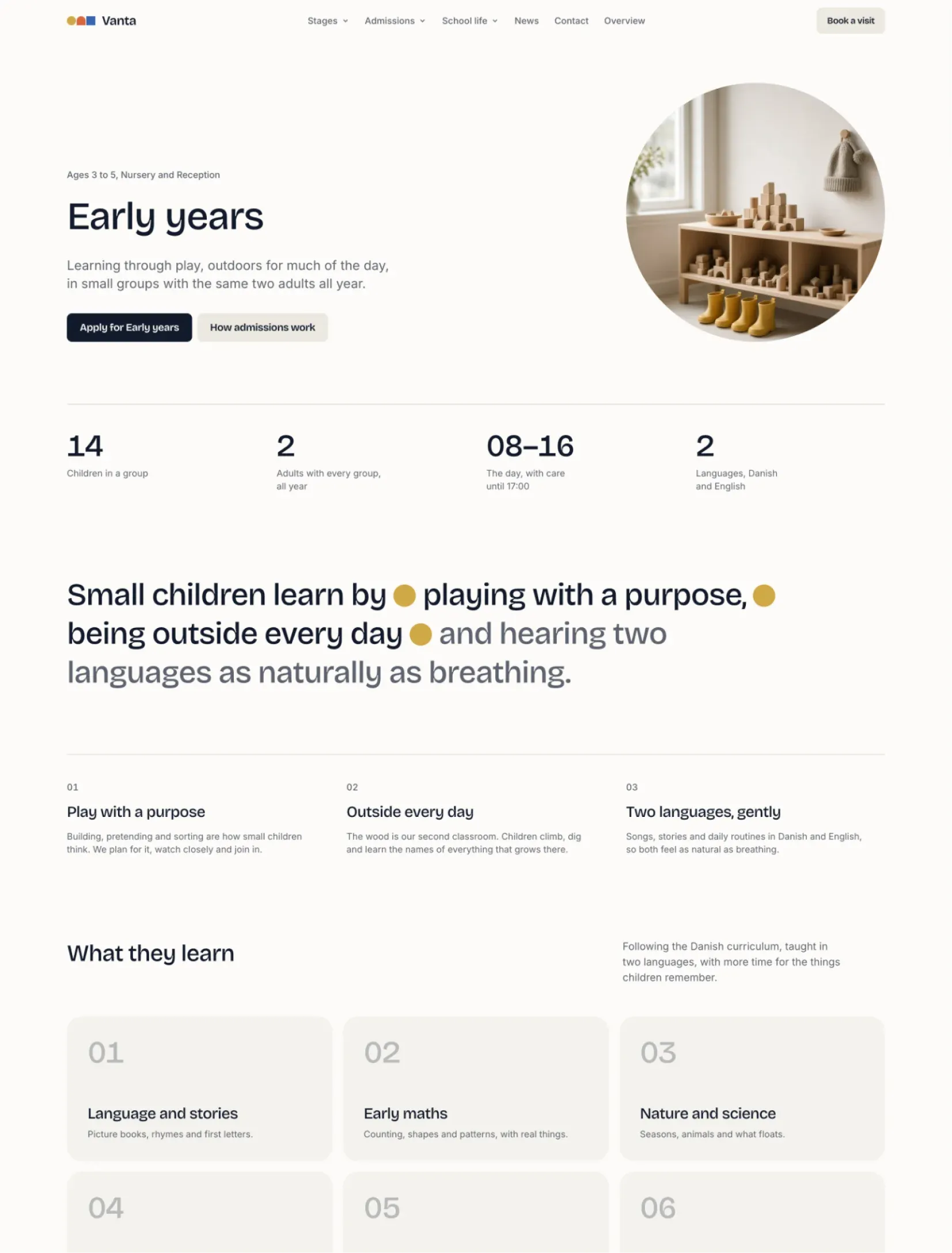 Vanta Early years page with a round photo, key facts, the approach and what children learn