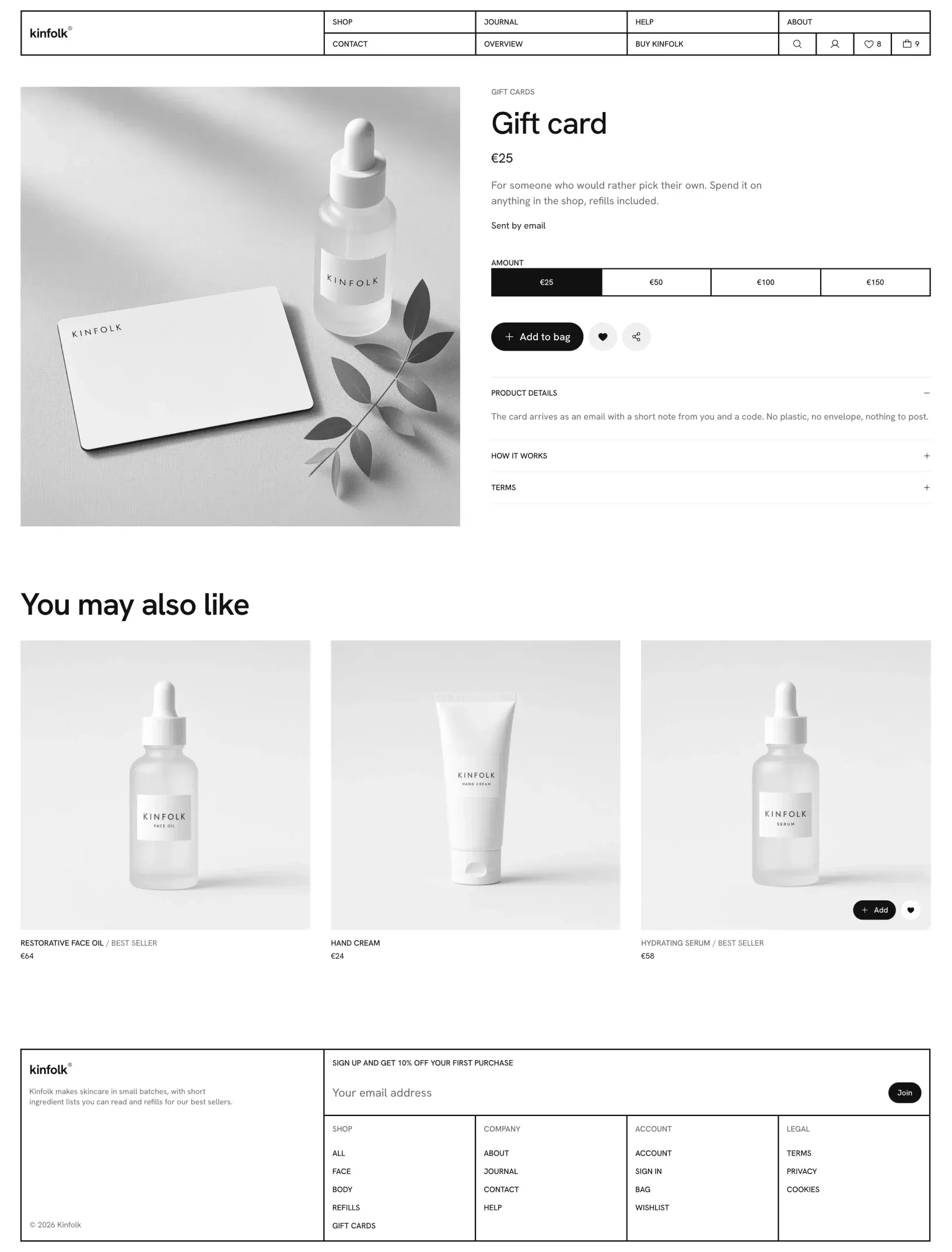 Kinfolk gift card page with a photo of the card beside a dropper bottle, the four amounts as bordered cells, Add to bag and the how it works and terms panels