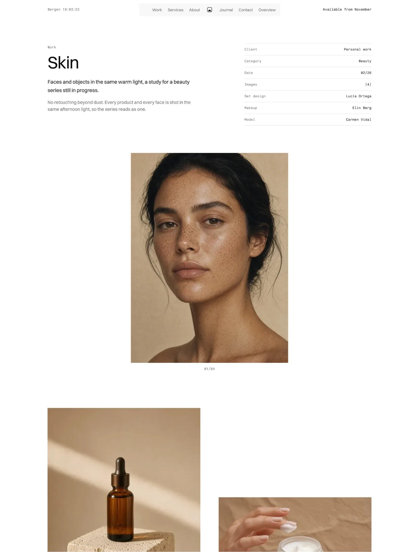 Semplice project page with a credits table, a large portrait and photos numbered one to four