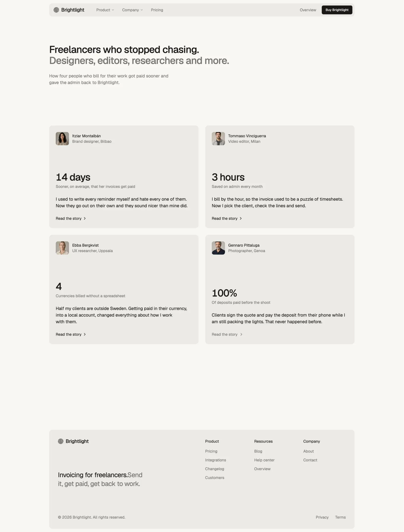 Brightlight customer stories with four freelancers, their portraits and results like 14 days sooner and 3 hours saved