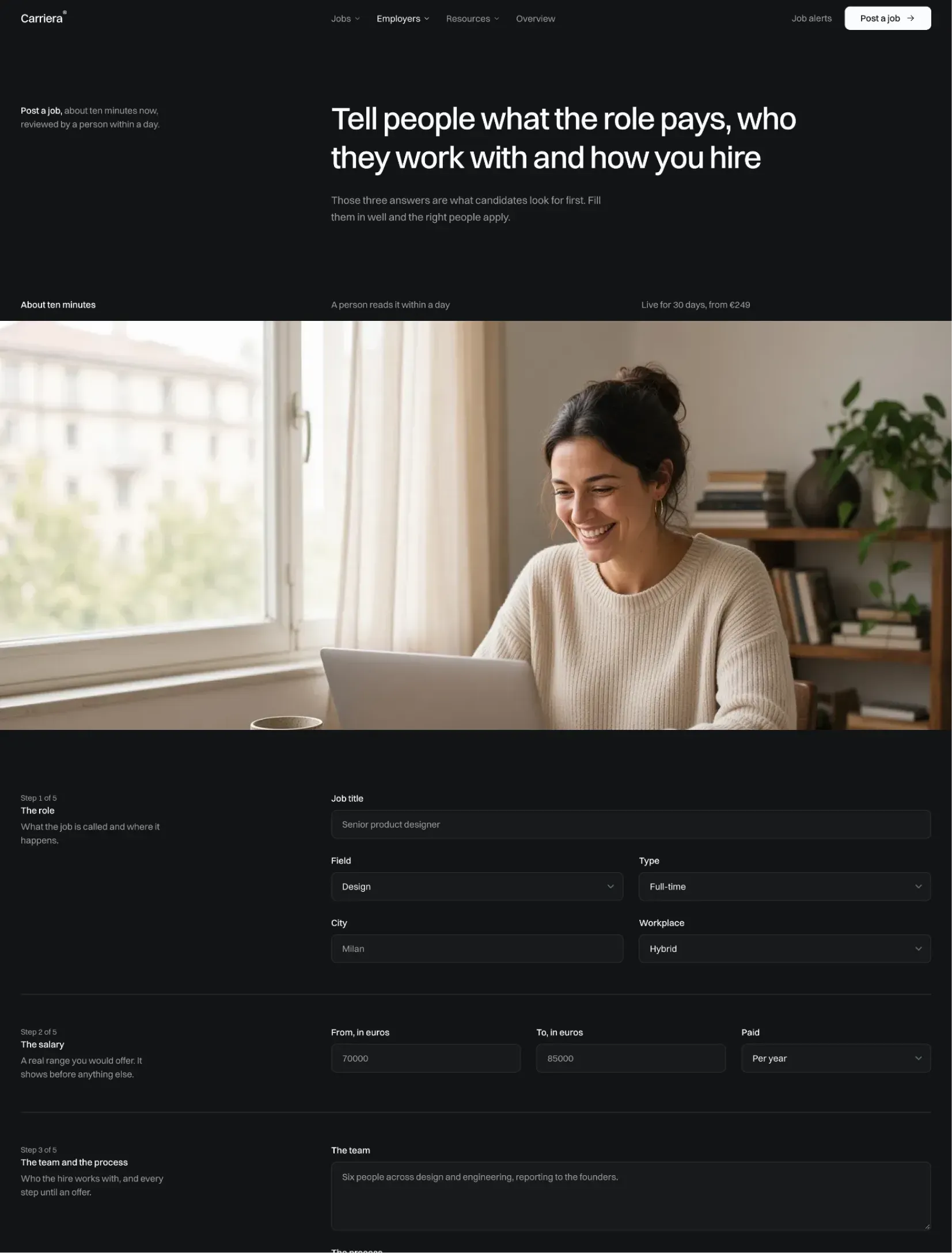 Carriera post a job page with a woman smiling at her laptop and the first steps of the form: the role, the salary and the team