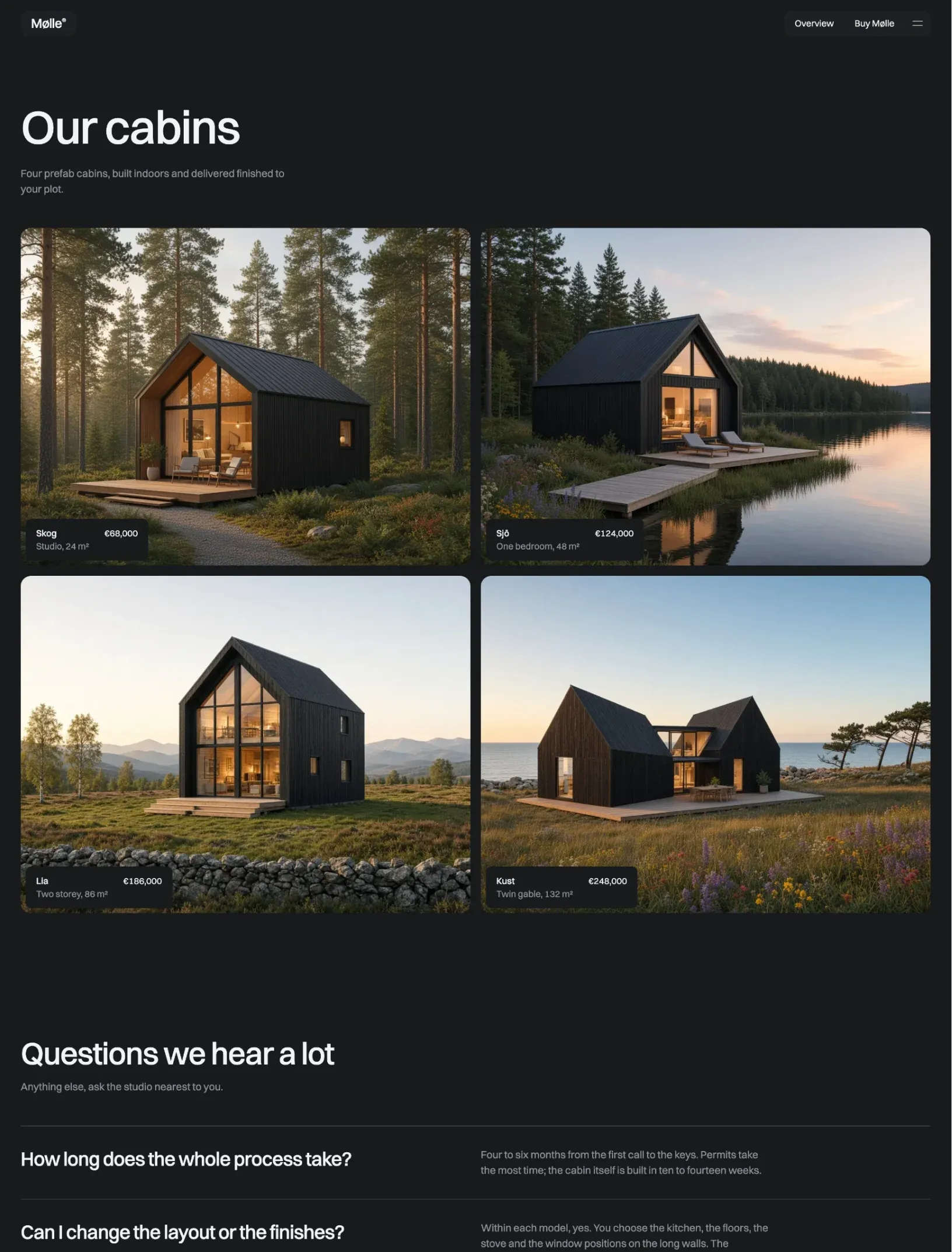 Mølle homes index with four black timber cabins in photo cards, each with its name, size and price, above a questions list