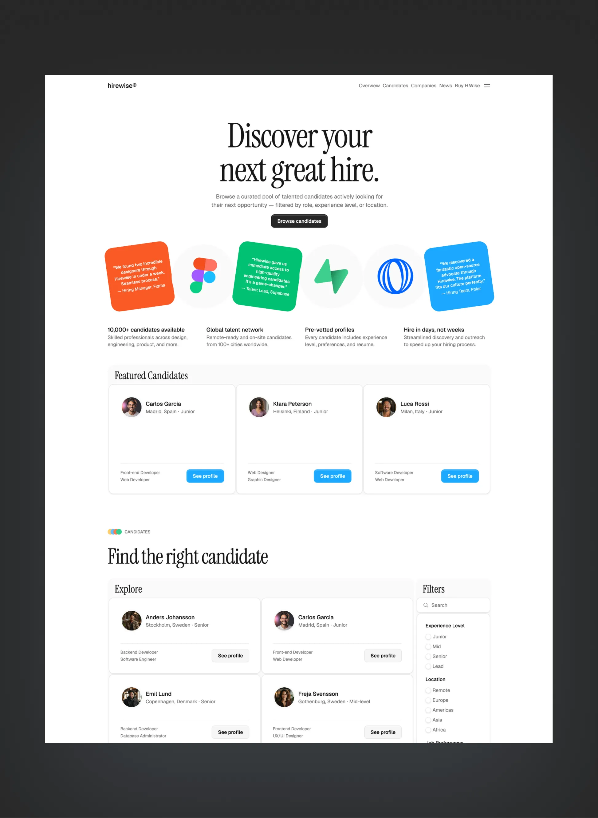 Hirewise candidates page layout