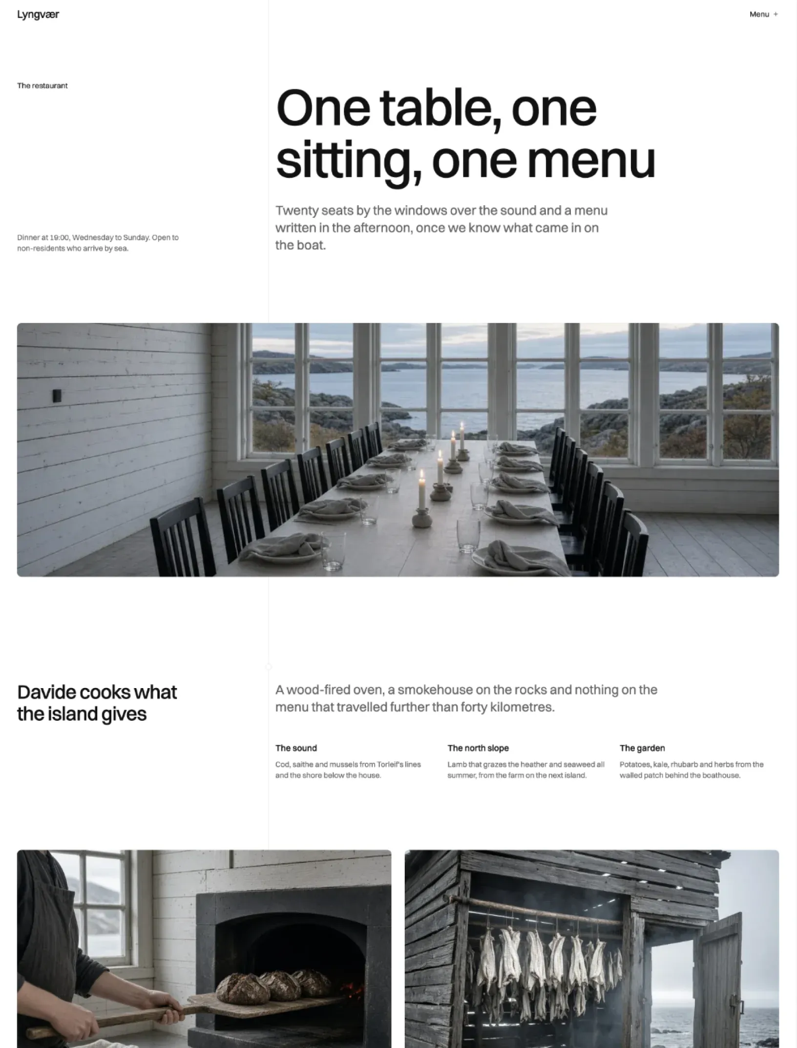 Author restaurant page with a large title, a photo of the long table by the sea windows, and the kitchen section with the oven and the smokehouse