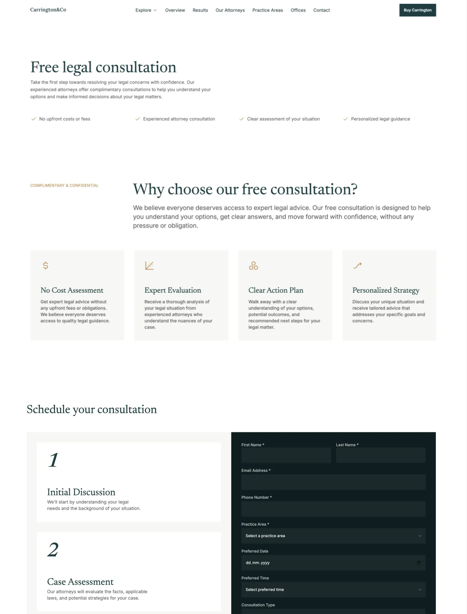 Carrington free consultation page with benefit cards and a scheduling form on a dark teal panel