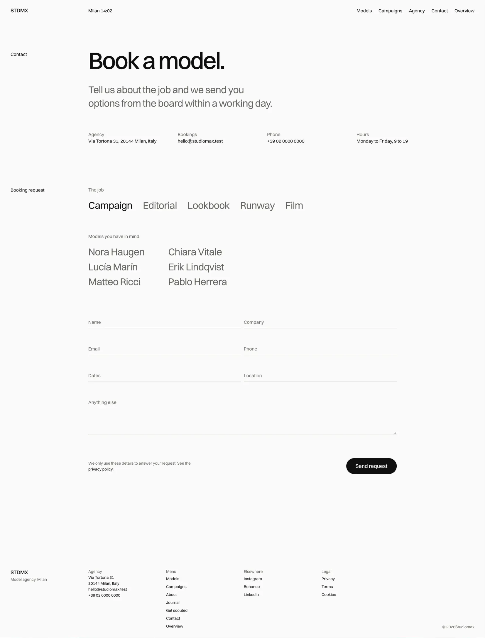 Studiomax book a model page with the agency details, the job types, the models to choose from and a booking request form