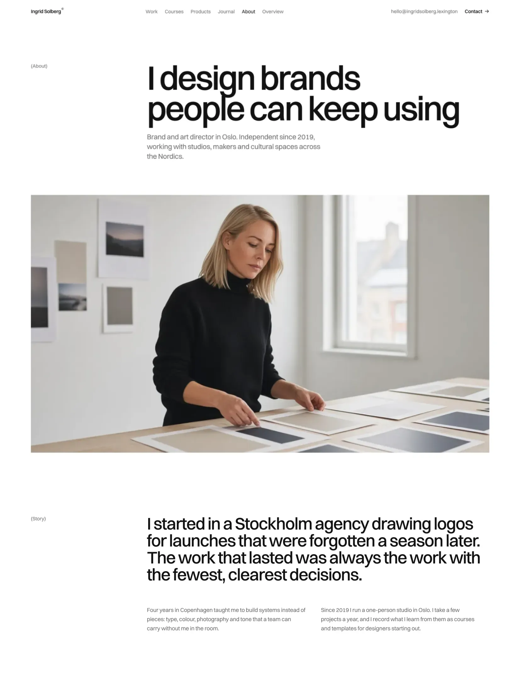 Pro FolioX about page with a studio photo and the designer's story