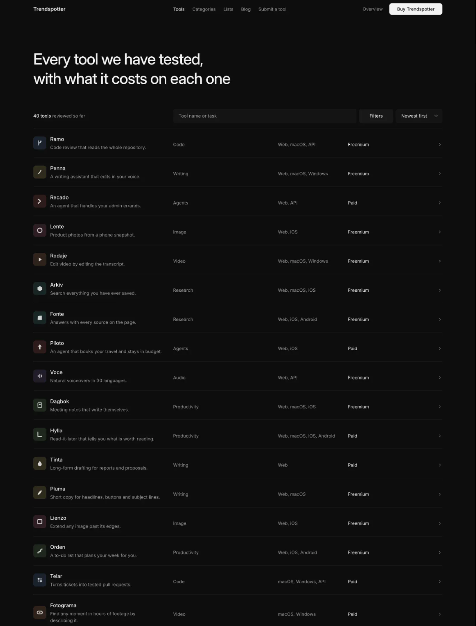 Trendspotter tools directory in dark mode, with the search, filters, sort and a row for every tool