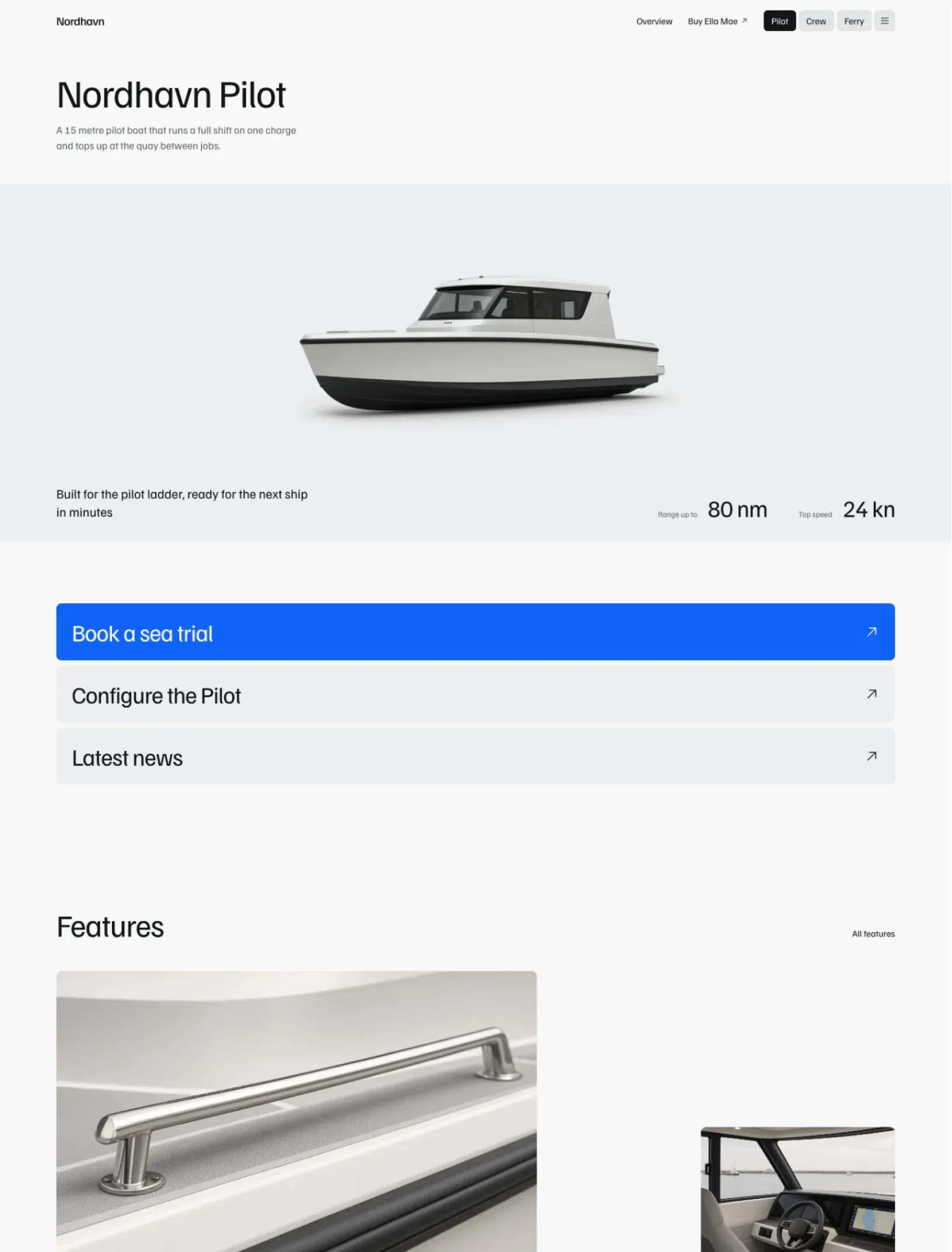 Ella Mae model page with a full-bleed boat cut-out, specs and blue link rows