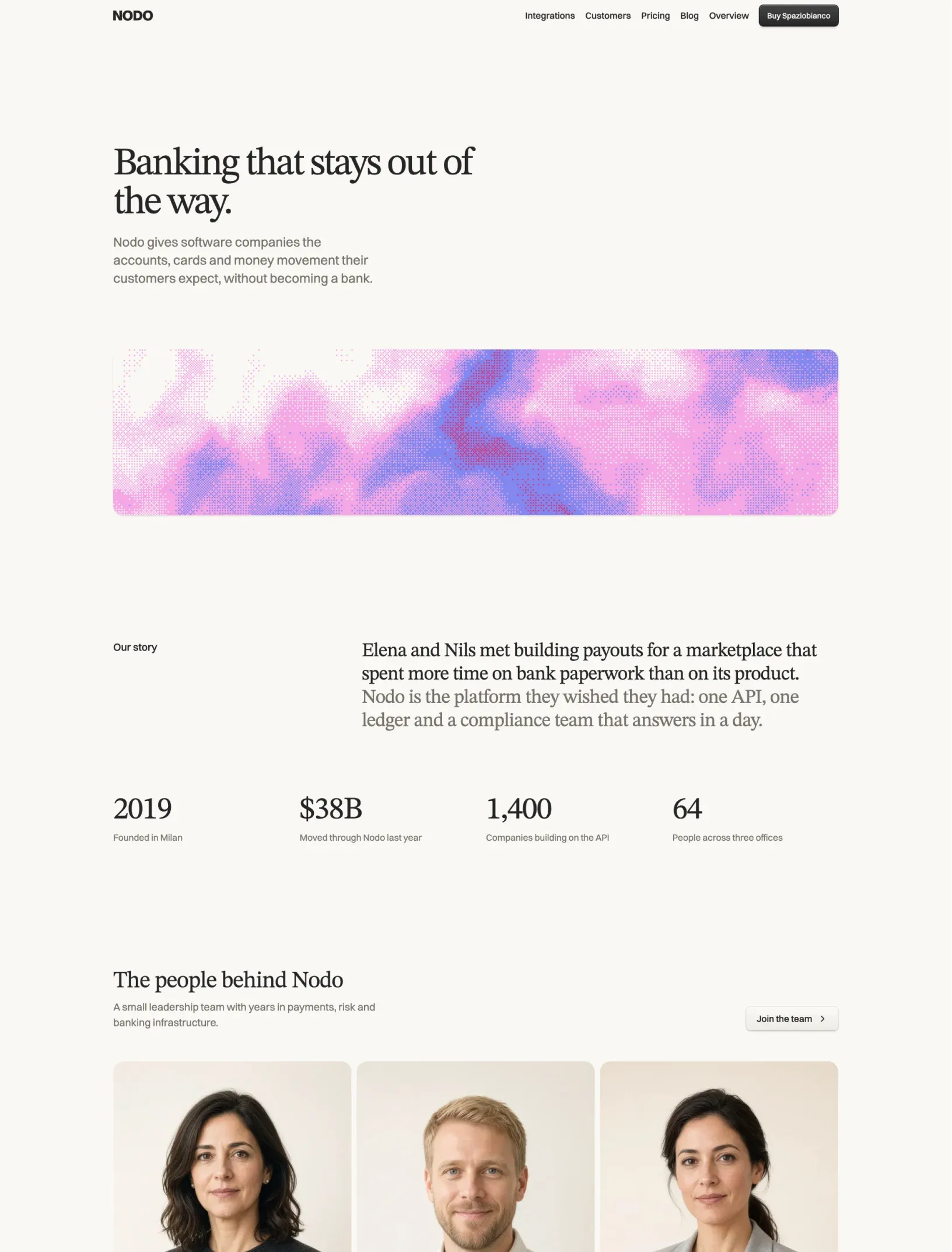 Spaziobianco about page with a shader band, company story, stats and leadership portraits
