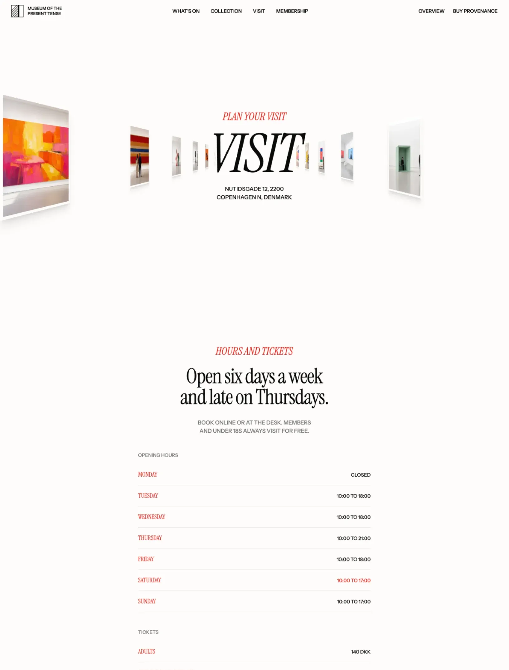 Offcut visit page with works hanging on two walls in 3D perspective down a gallery hall towards the Visit title, then opening hours and tickets as ruled rows with red day names