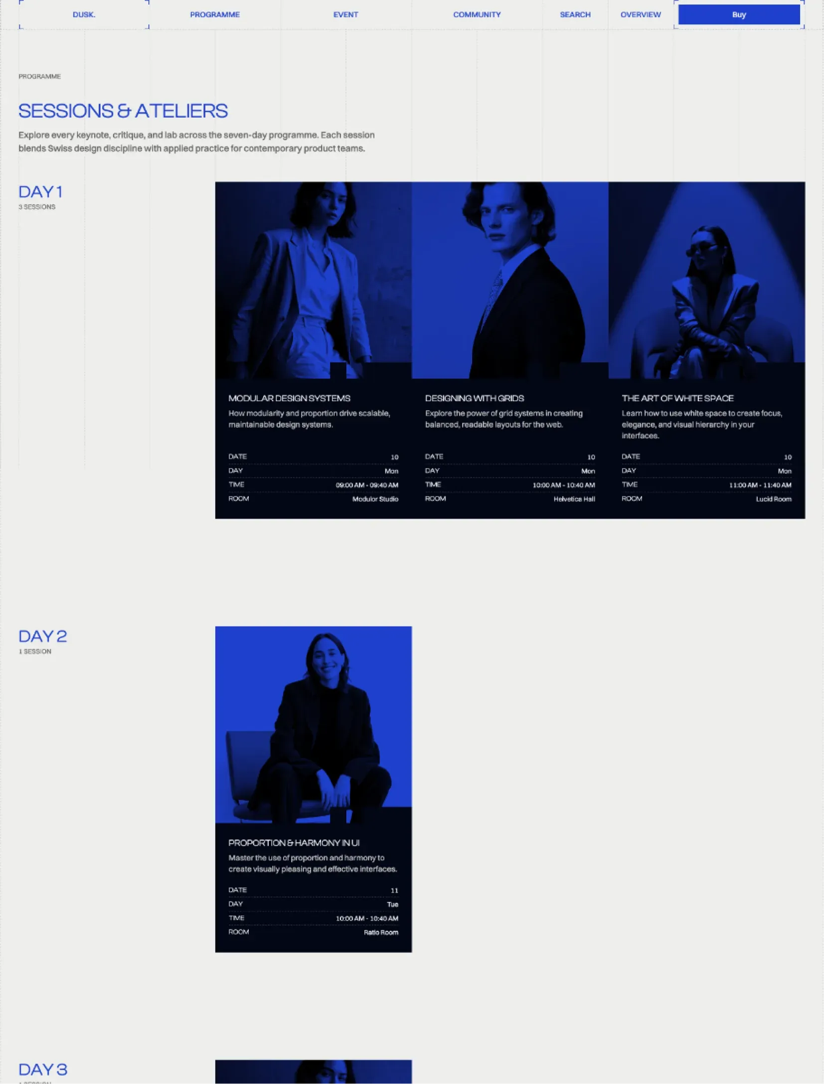 Dusk sessions page grouped by day, with duotone speaker cards for every session on day one and day two
