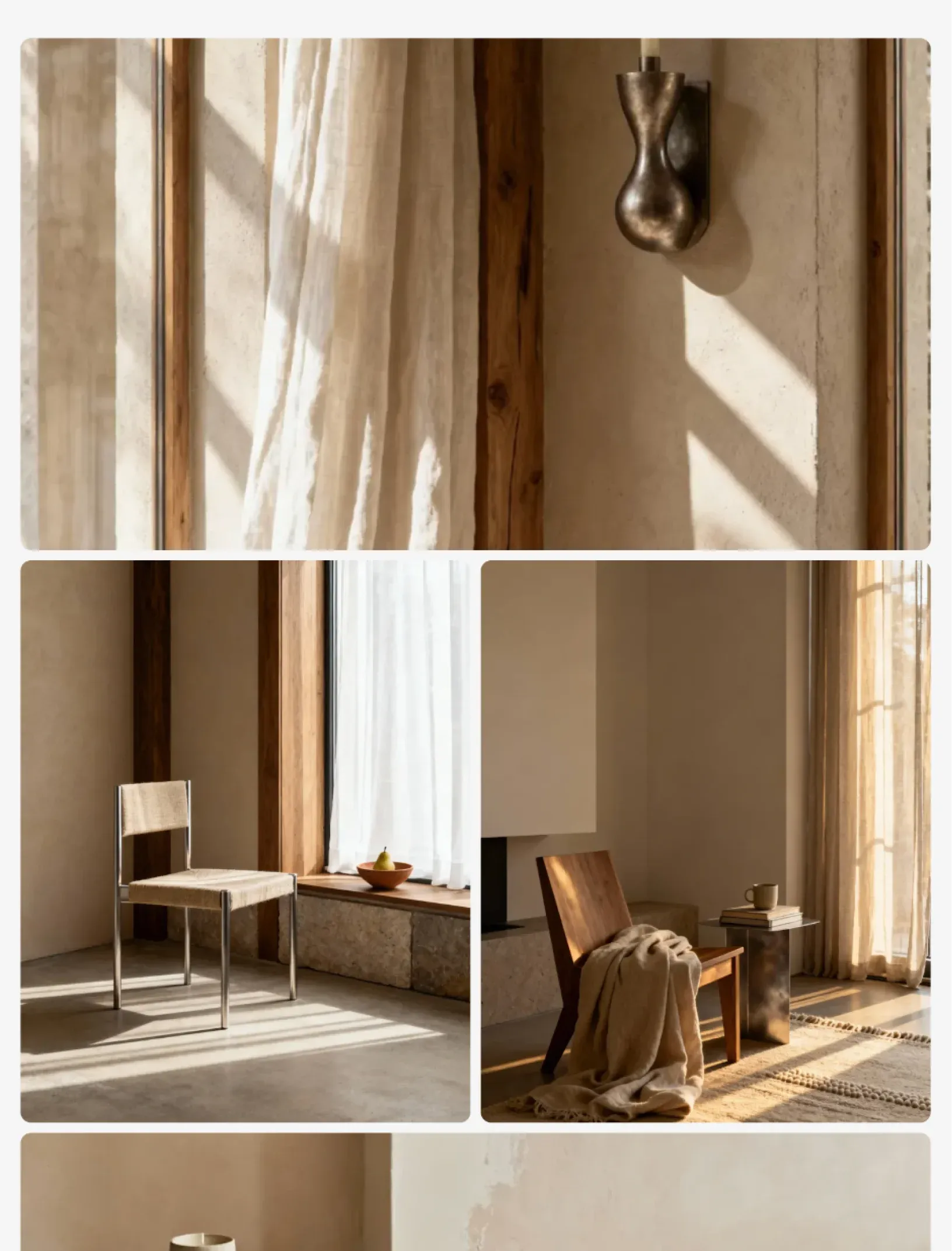 Sandstone project gallery with a linen curtain and bronze wall sconce, a woven chair by a stone window bench and a wooden lounge chair with a wool throw in low sun