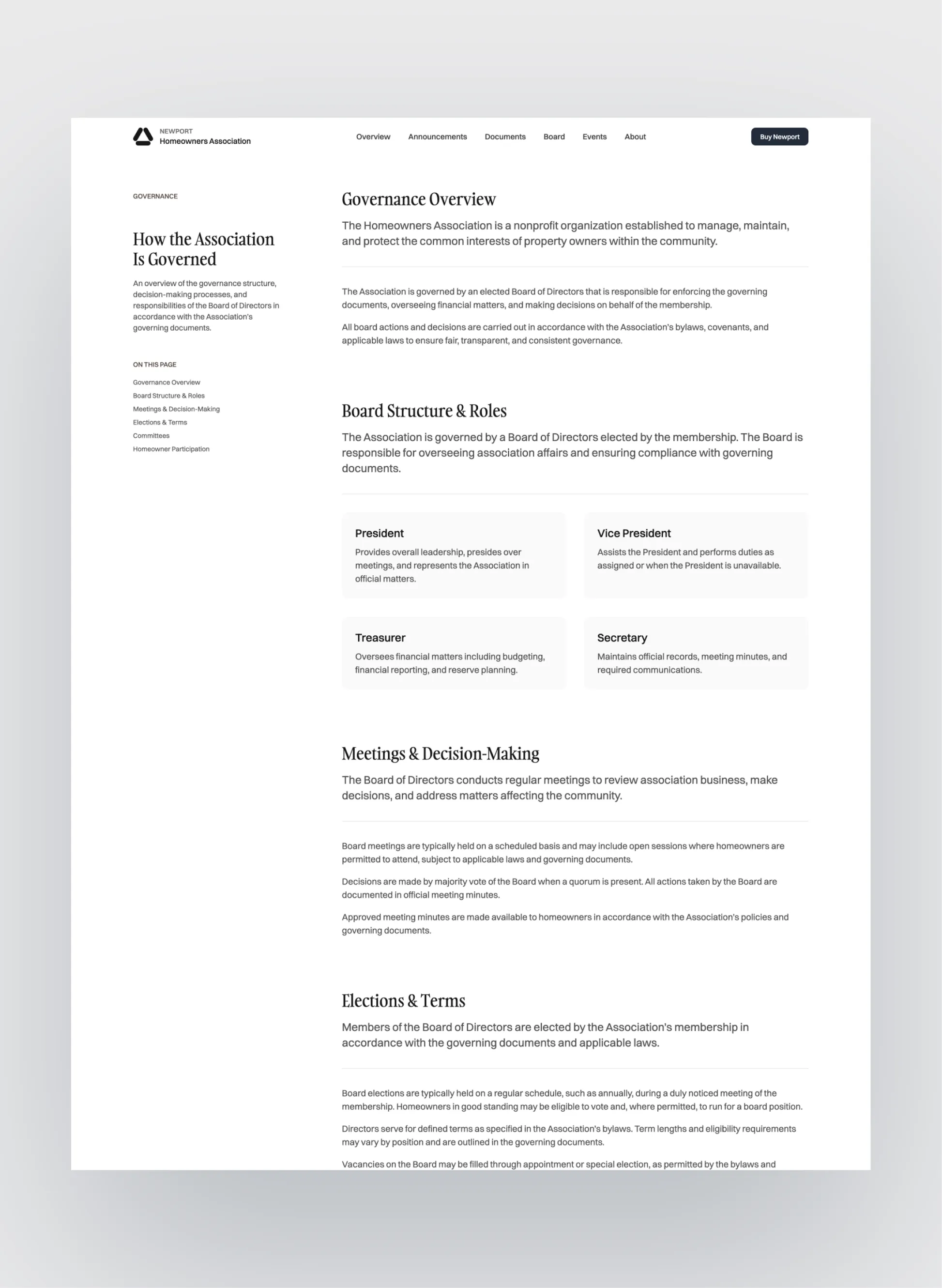 Newport HOA documents and meeting minutes layout