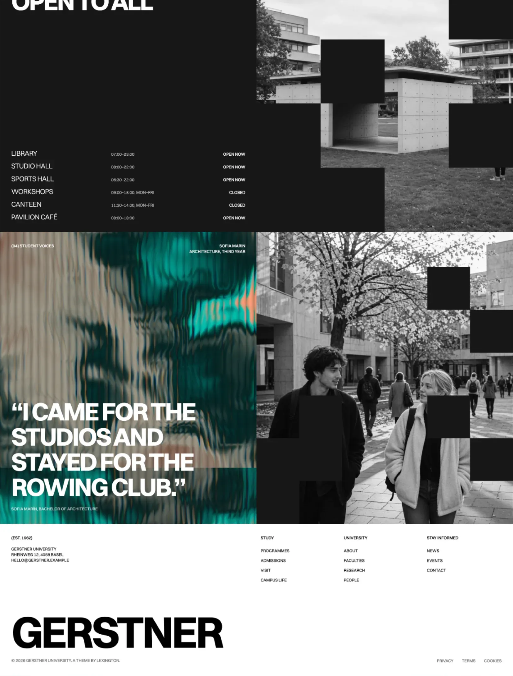 Gerstner campus life page with facility hours, a student voice on a shader and the footer