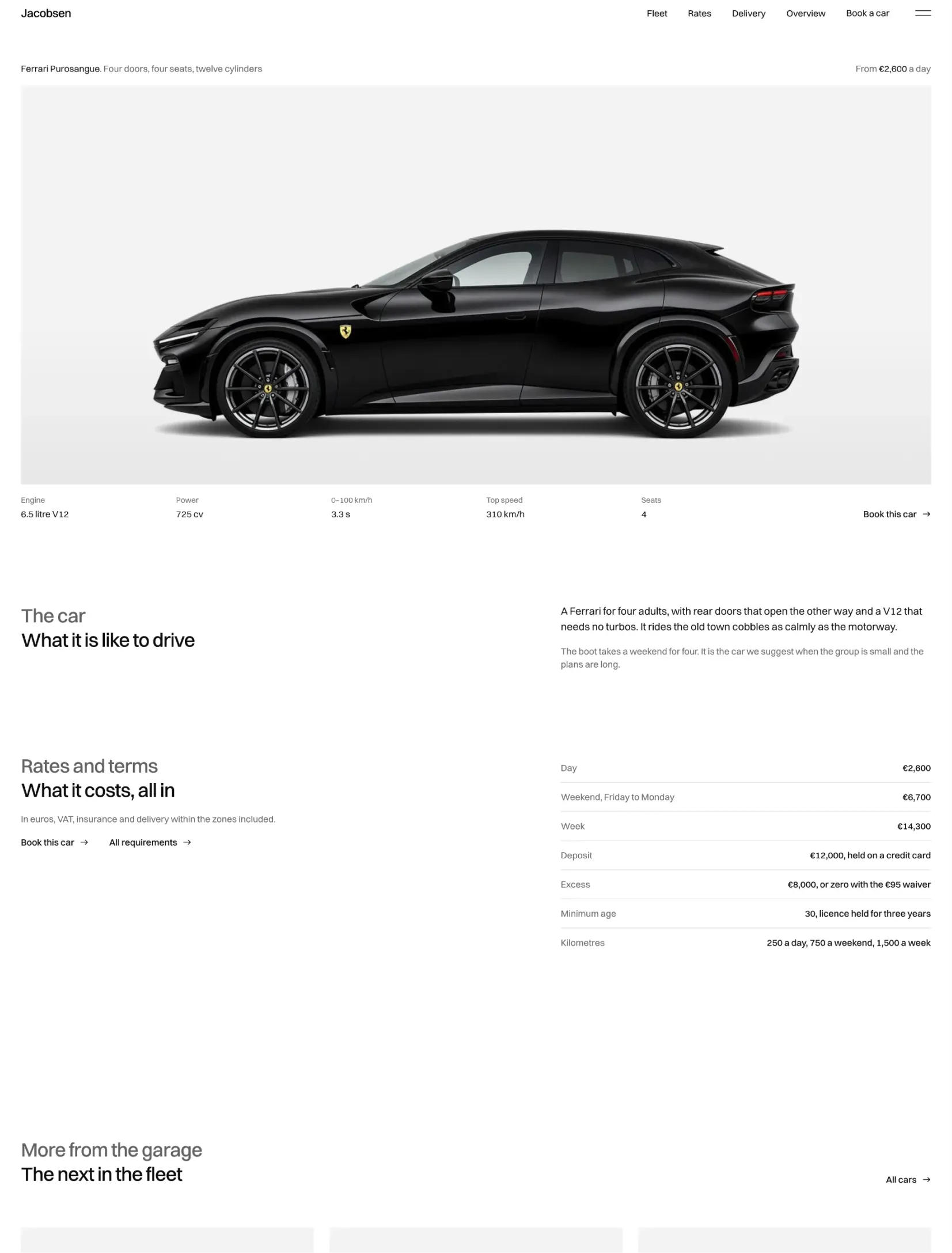 Jacobsen car page with the car in the studio, its specs, rates and terms
