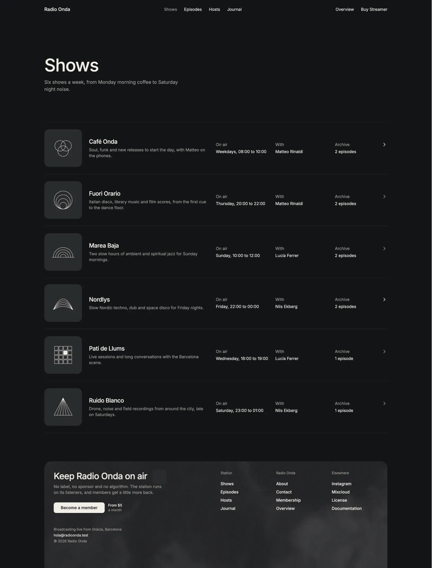 Streamer shows index with six show rows, each with a line drawn cover, title and description, air days and hours, host and number of episodes