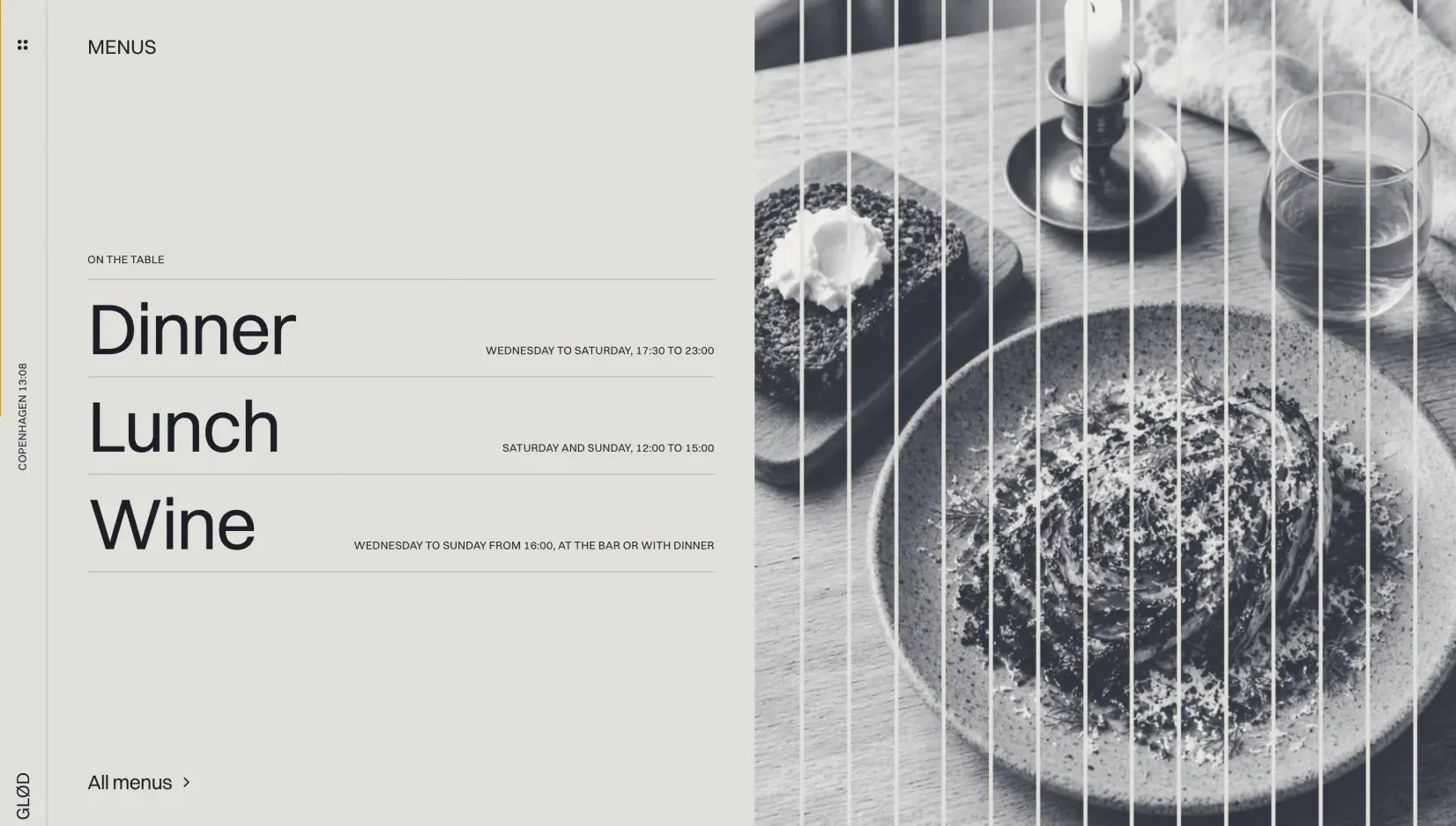 Ottis menus panel listing dinner, lunch and wine with their hours, beside a black and white food photo
