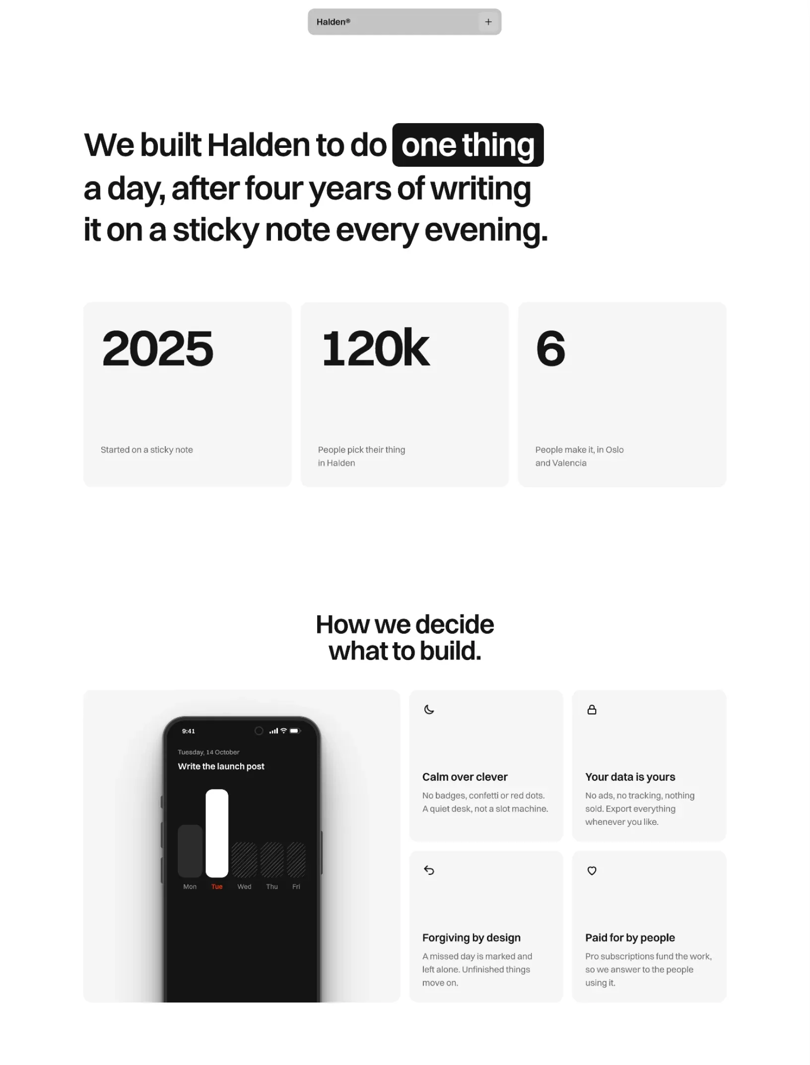 Halden about page with the story headline, three large stats and the principles beside a phone showing today's task