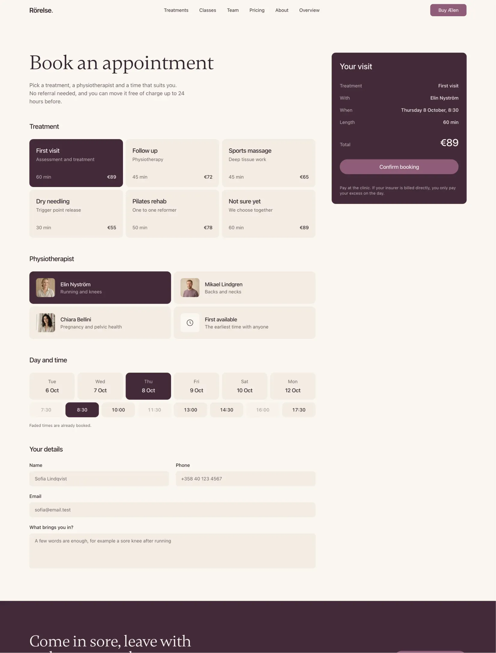 Ælen booking page with treatment, physiotherapist, day and time pickers and a plum summary of the visit with the total and a confirm button